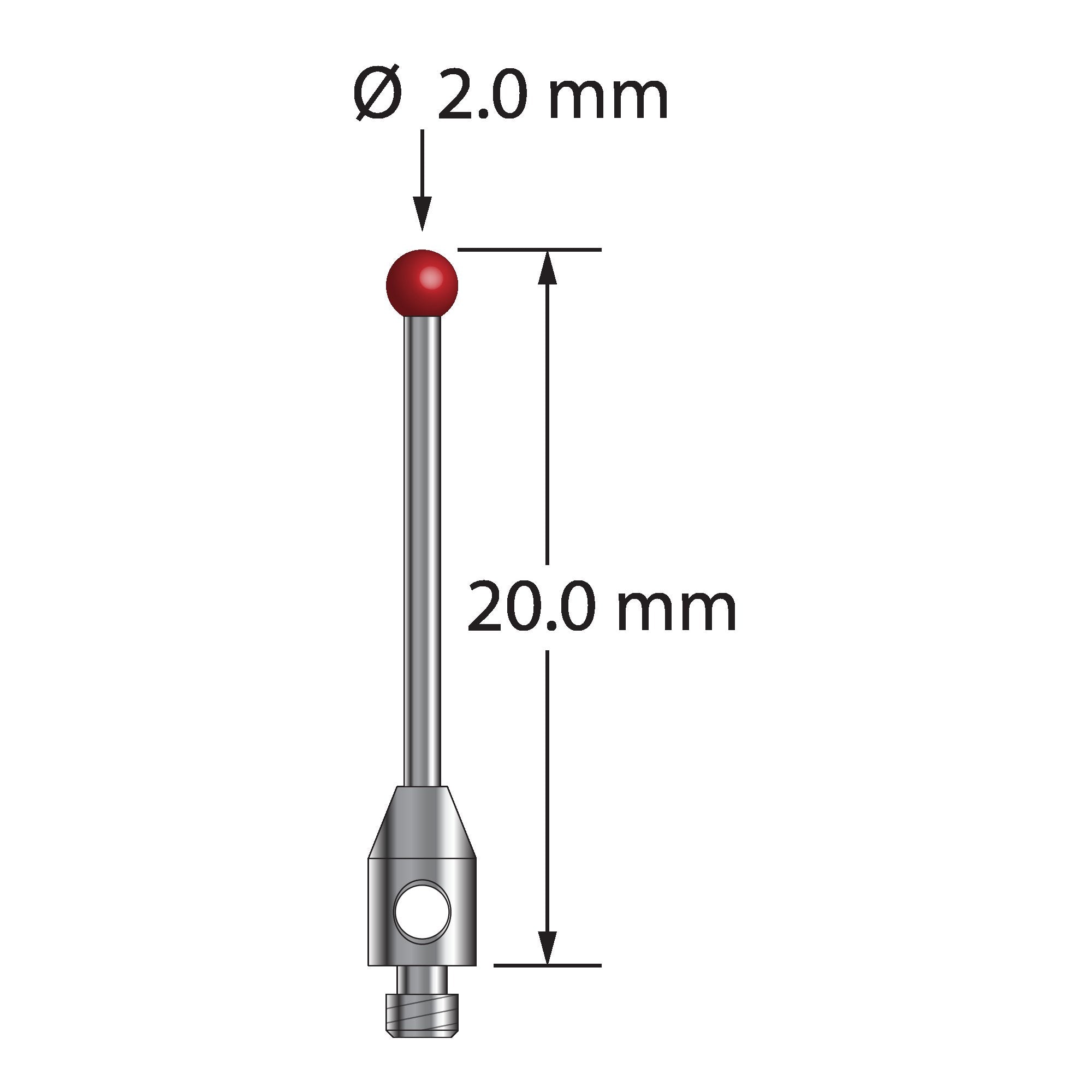 TM2-2020 M2 stylus with 2.0mm ruby ball, carbide stem, and stainless steel base, 20.0mm long by Q-Mark Manufacturing, Inc.