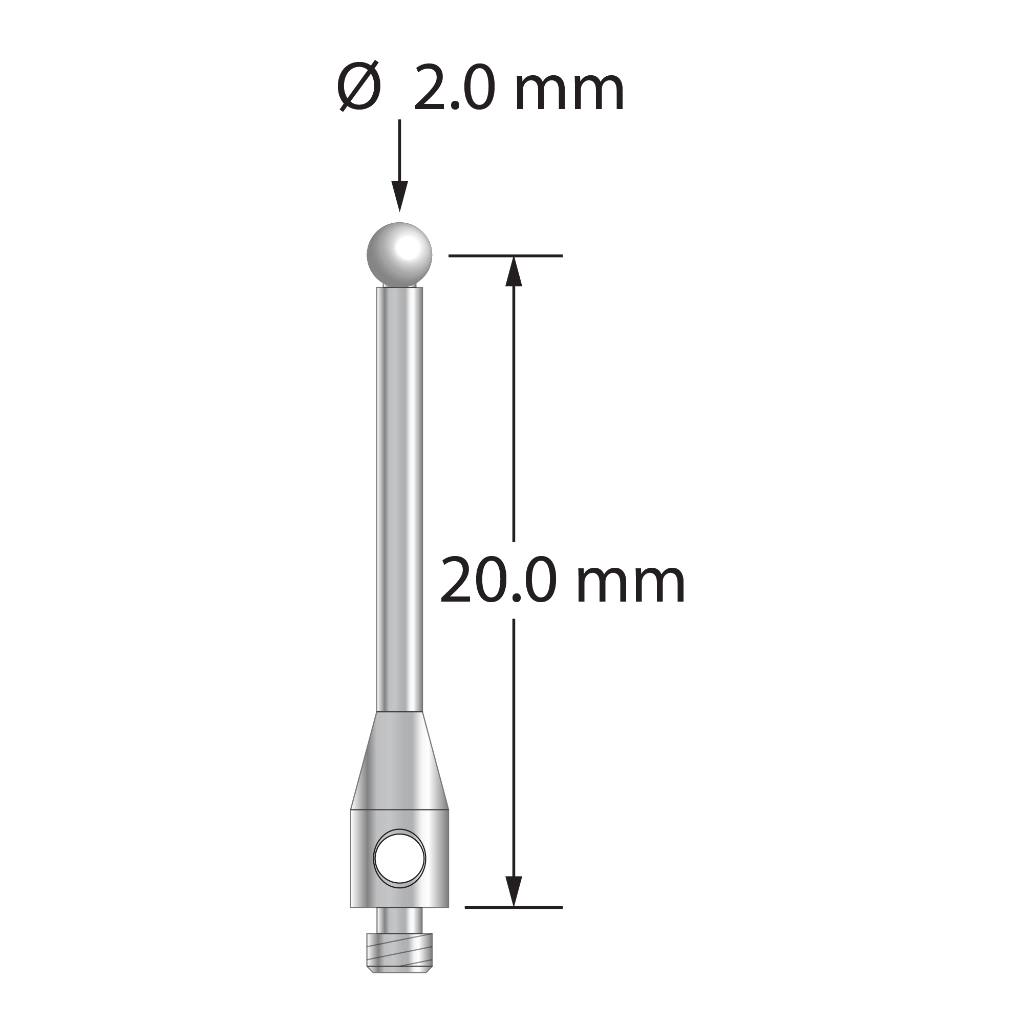 TM2-2021-S-Z M2 stylus with 2.0mm zirconia ball, stainless steel stem and base, 20.0mm length.
