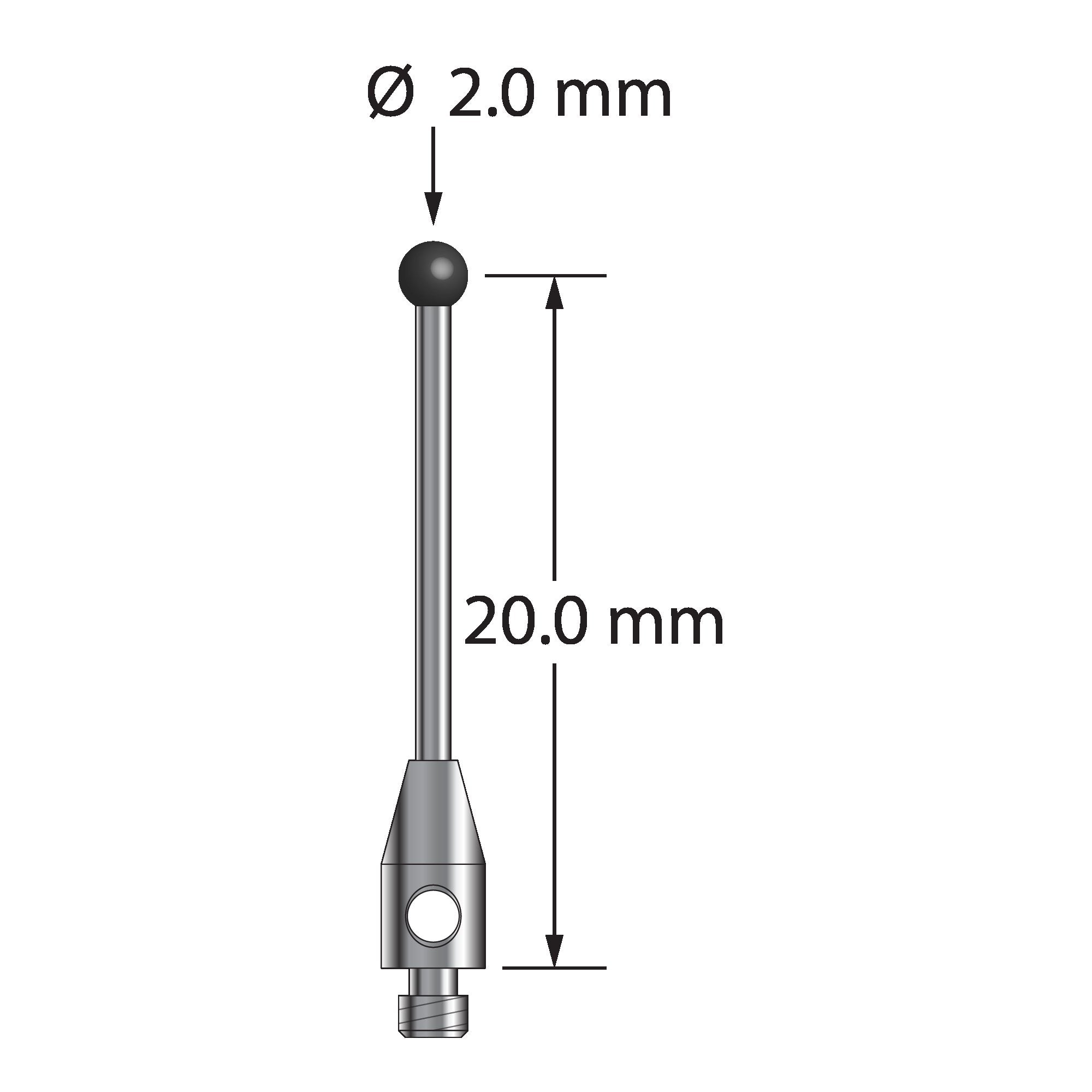 TM2-2021-SN M2 stylus with 2.0mm silicon nitride ball, carbide stem, and stainless steel base, 20.0mm long.