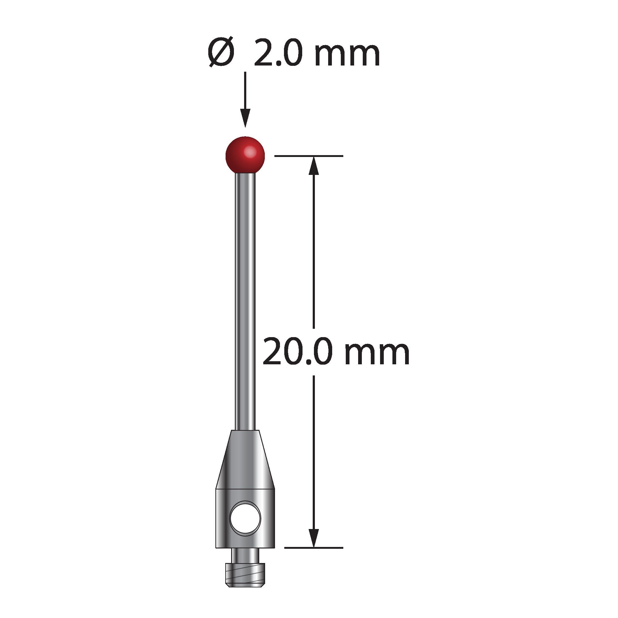 TM2-2021 M2 stylus with 2.0mm ruby ball, carbide stem, and stainless steel base, 20mm long by Q-Mark Manufacturing, Inc.