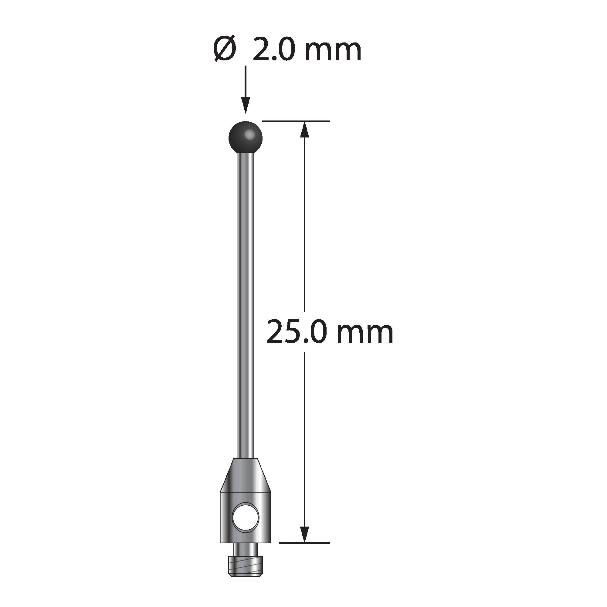 TM2-2025-SN M2 stylus with 2.0mm silicon nitride ball and carbide stem, 25.0mm long by Q-Mark Manufacturing, Inc.