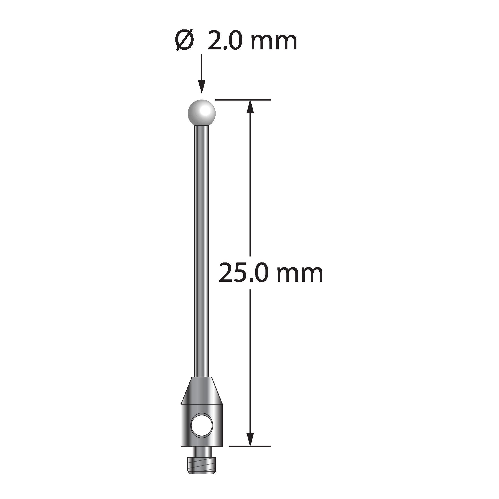 TM2-2025-Z M2 stylus with 2.0mm zirconia ball, carbide stem, and stainless steel base, 25.0mm long by Q-Mark Manufacturing, Inc.