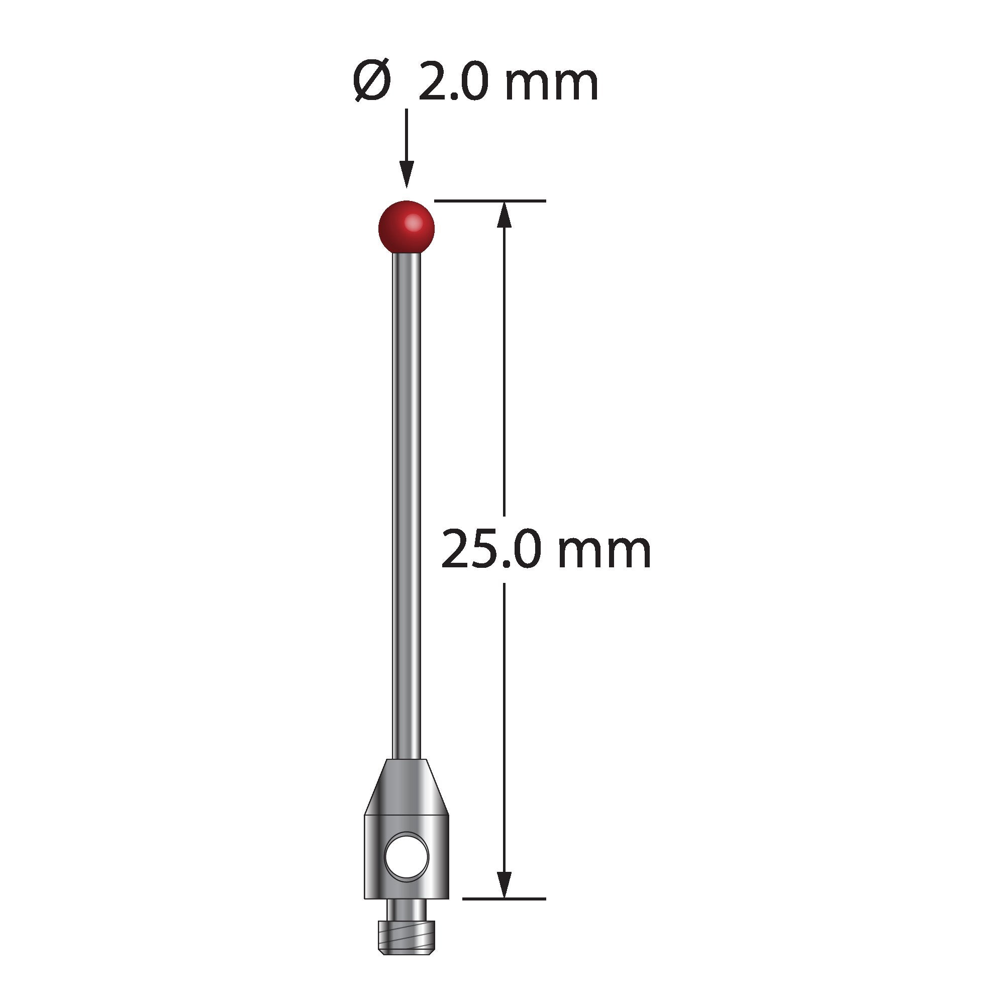 TM2-2025 M2 stylus with 2.0mm ruby ball, carbide stem, and stainless steel base, 25mm long.