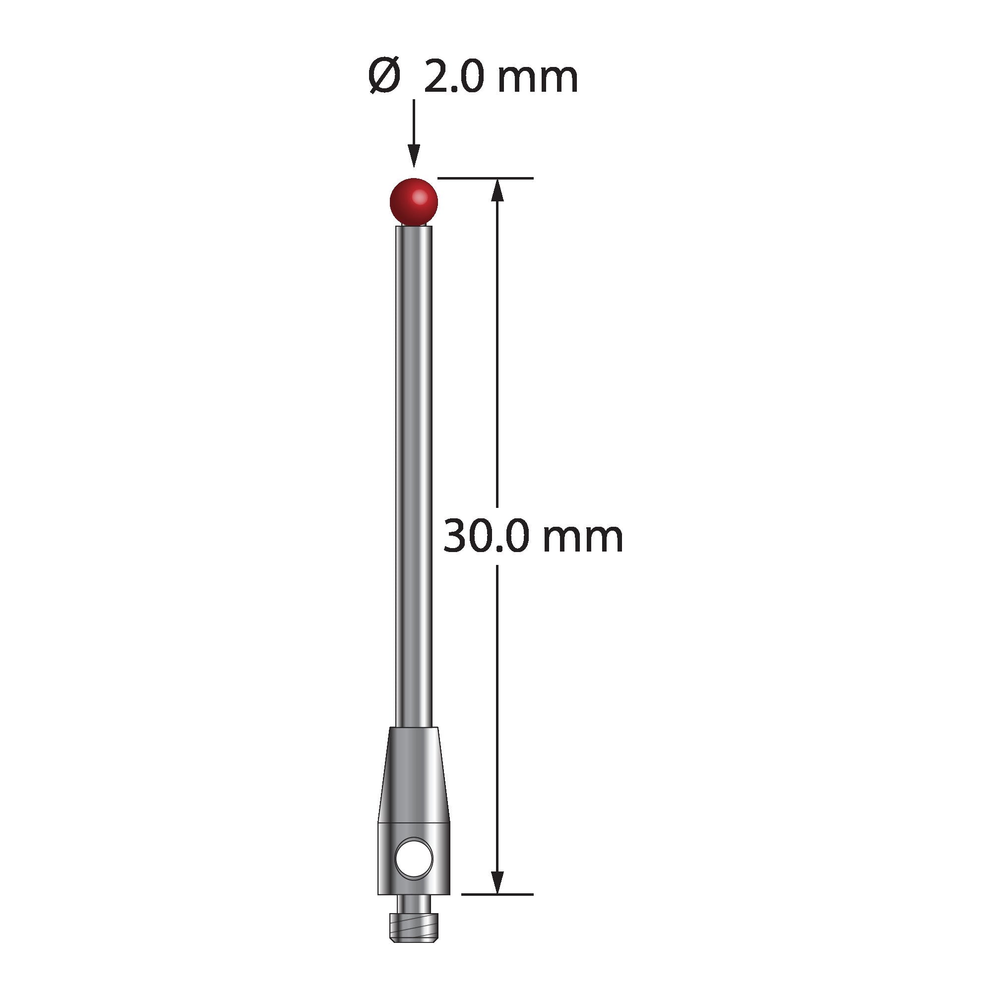 TM2-2030 M2 stylus with 2.0mm ruby ball, carbide stem, and stainless steel base, 30.0mm long by Q-Mark Manufacturing, Inc.