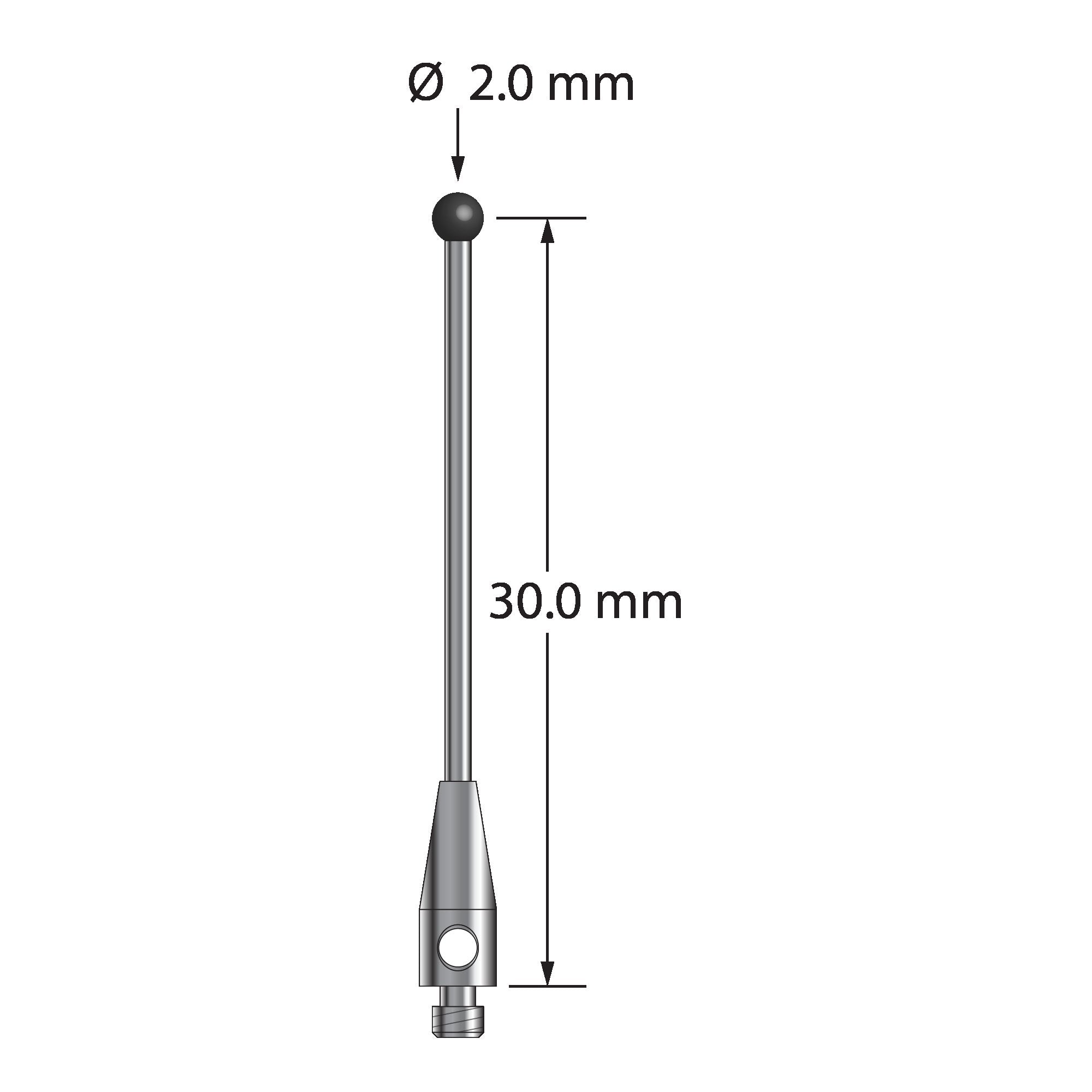 TM2-2031-DS1-SN M2 stylus with 2.0mm silicon nitride ball, carbide stem, and stainless steel base.
