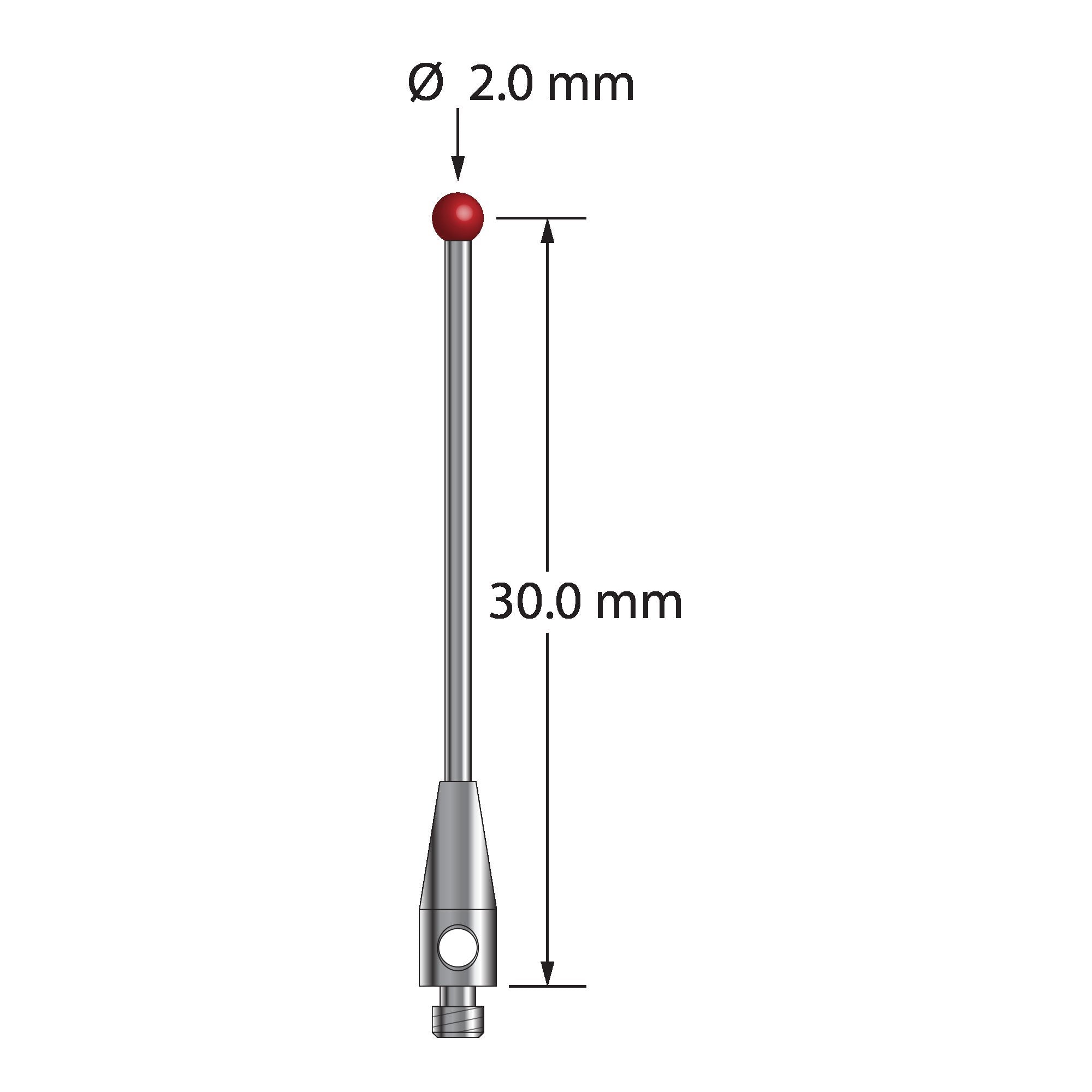 TM2-2031-DS1 M2 stylus with 2.0mm ruby ball, carbide stem, and stainless steel base, 30.0mm long by Q-Mark Manufacturing, Inc.