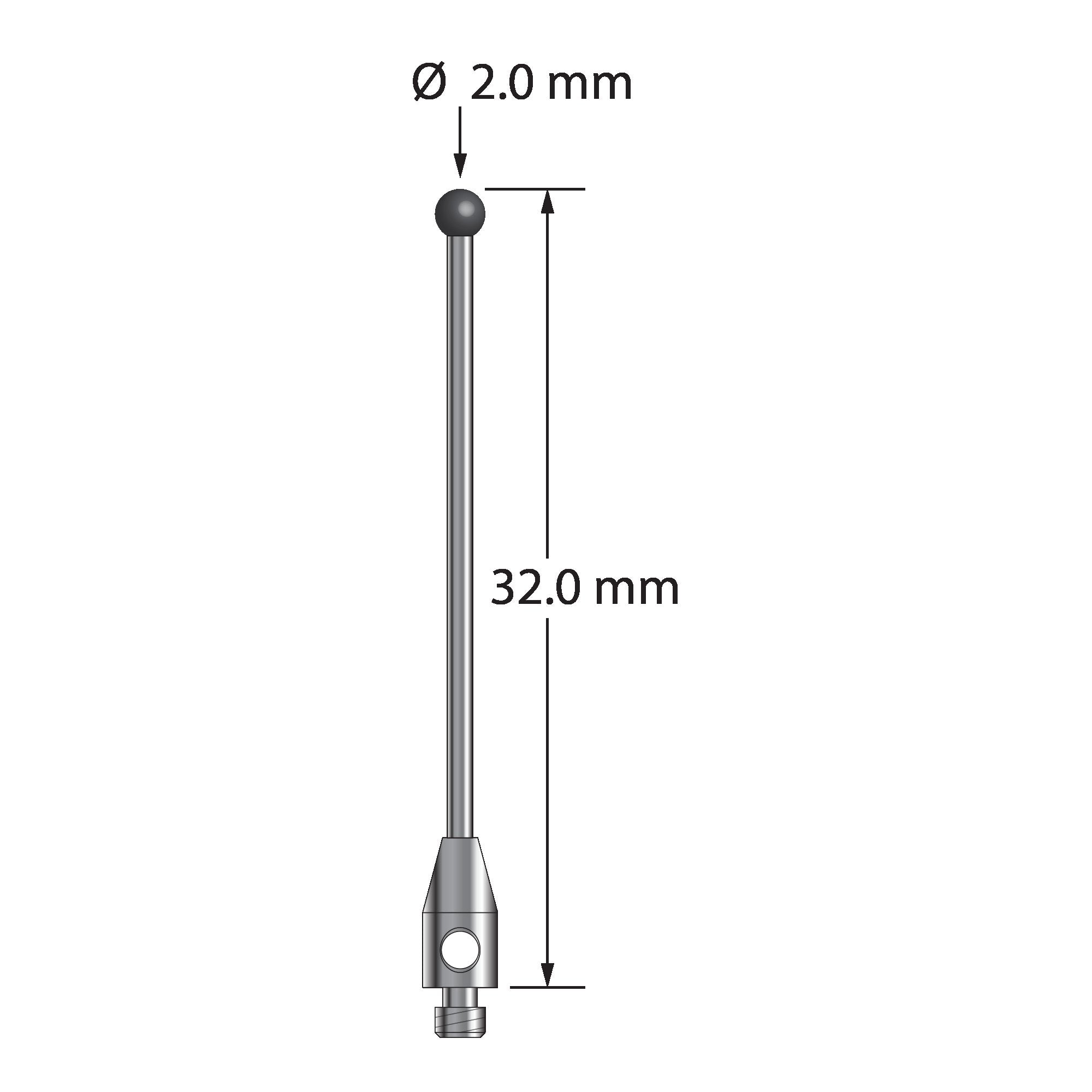 TM2-2032-DS1-SN M2 stylus with 2.0mm silicon nitride ball, carbide stem, stainless steel base, 30mm long.