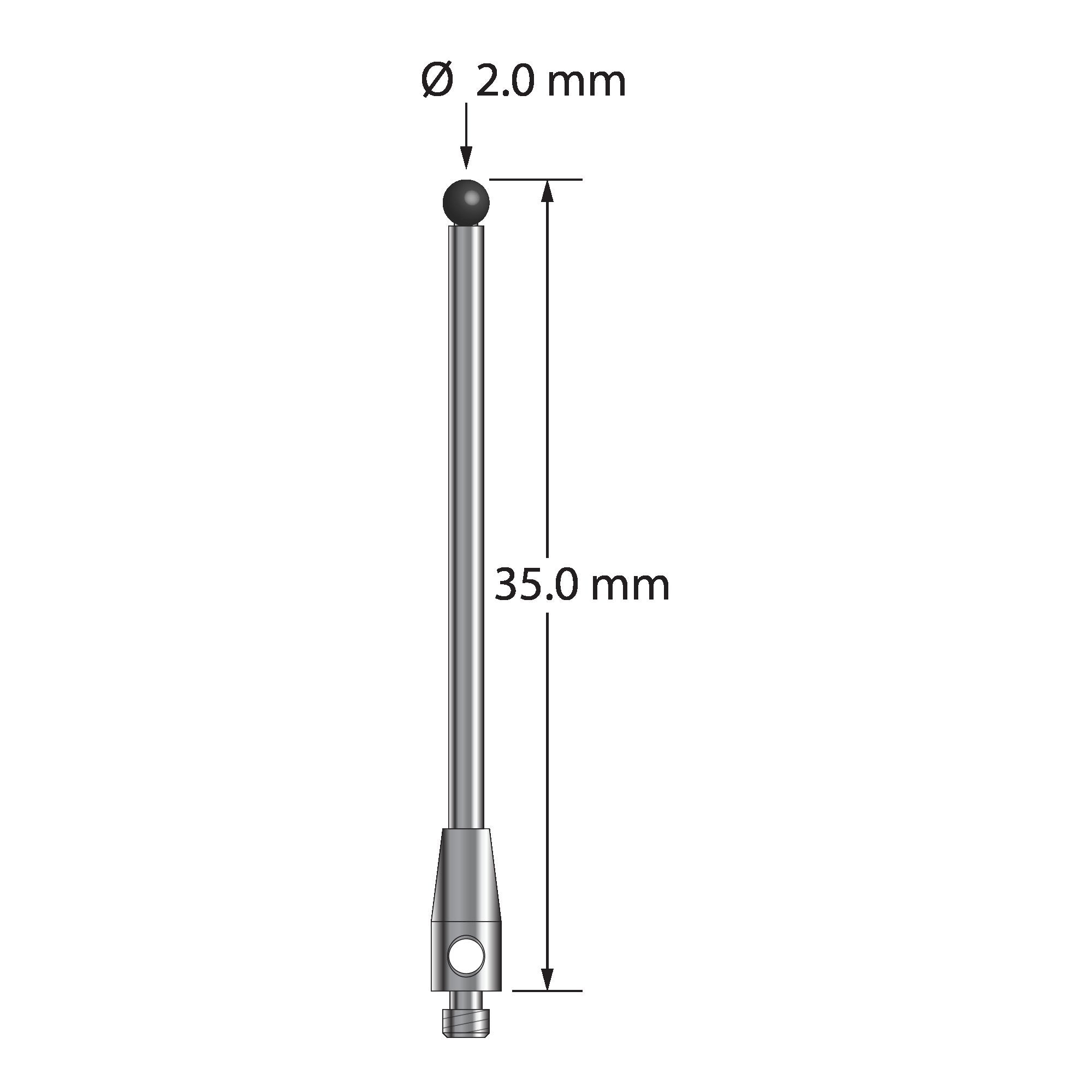 TM2-2035-SN M2 stylus with 2.0mm silicon nitride ball, carbide stem, and stainless steel base, 35.0mm long by Q-Mark Manufacturing, Inc.