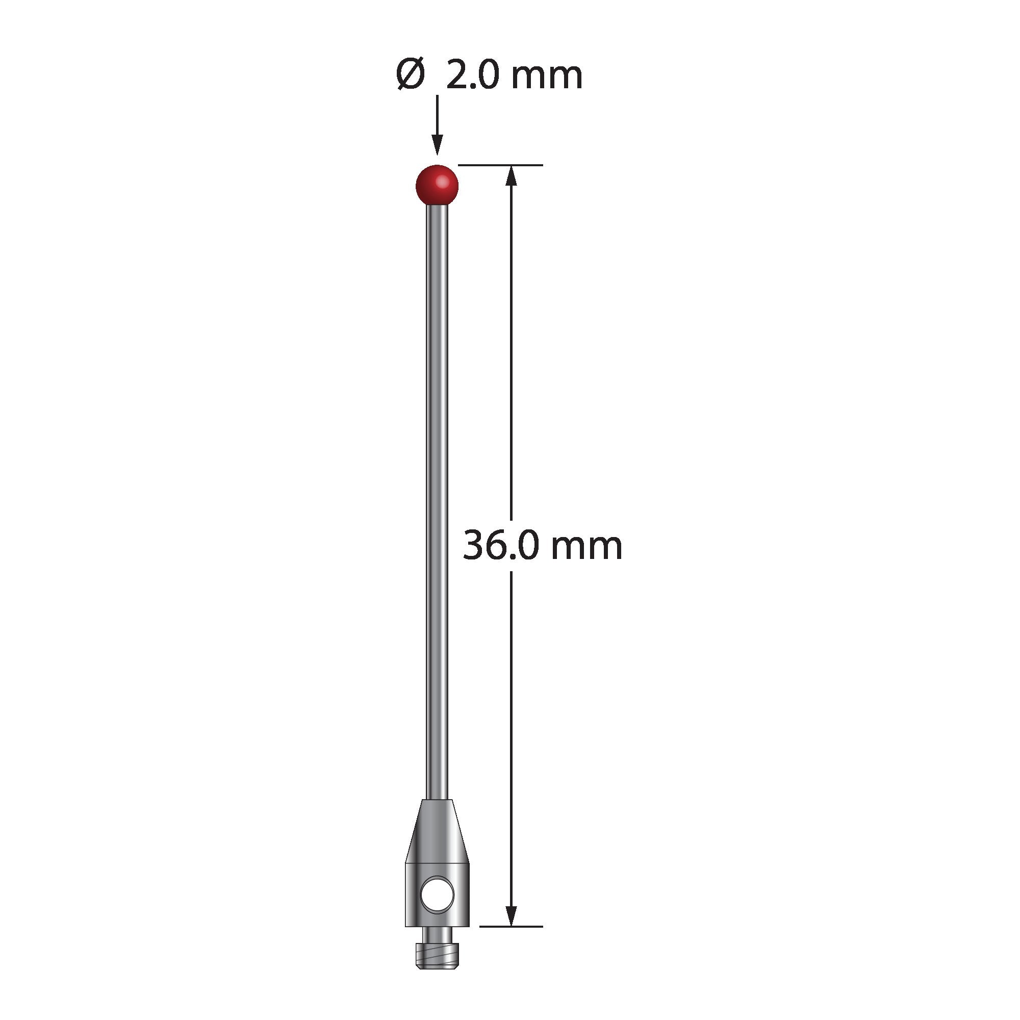 TM2-2036-DS1 M2 stylus with 2.0mm ruby ball, carbide stem, and stainless steel base, 36.0mm long by Q-Mark Manufacturing, Inc.