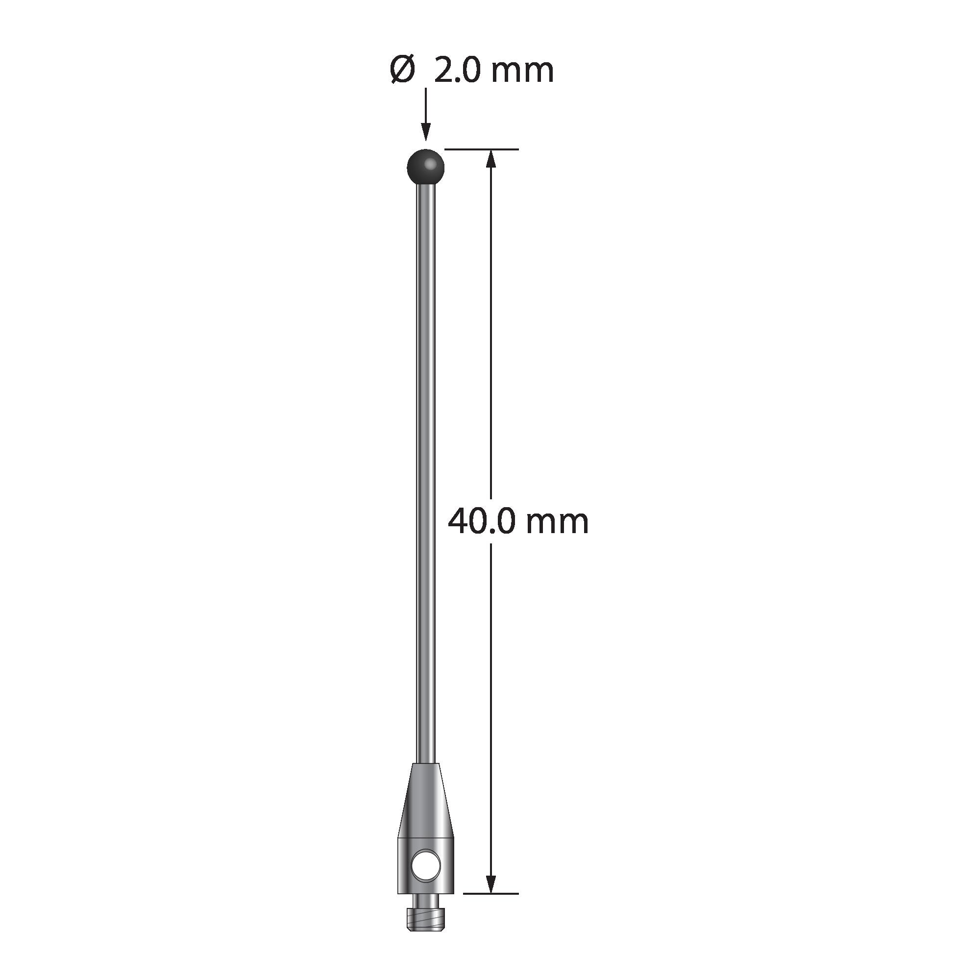 TM2-2040-DS1-SN M2 stylus with 2.0mm silicon nitride ball, carbide stem, and stainless steel base, 40mm long by Q-Mark Manufacturing, Inc.