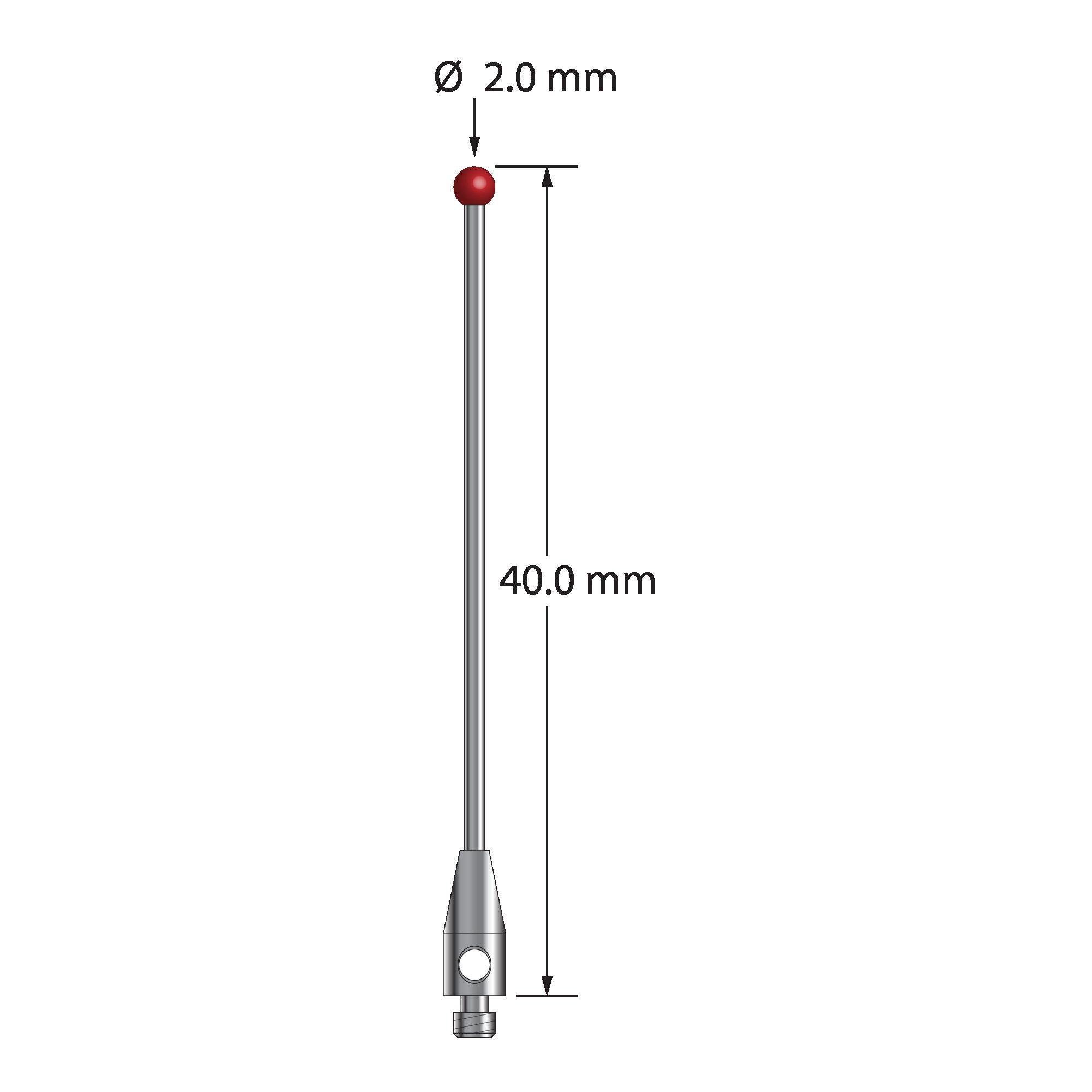 TM2-2040-DS1 M2 stylus with 2.0mm ruby ball, carbide stem, and stainless steel base, 40.0mm long by Q-Mark Manufacturing, Inc.
