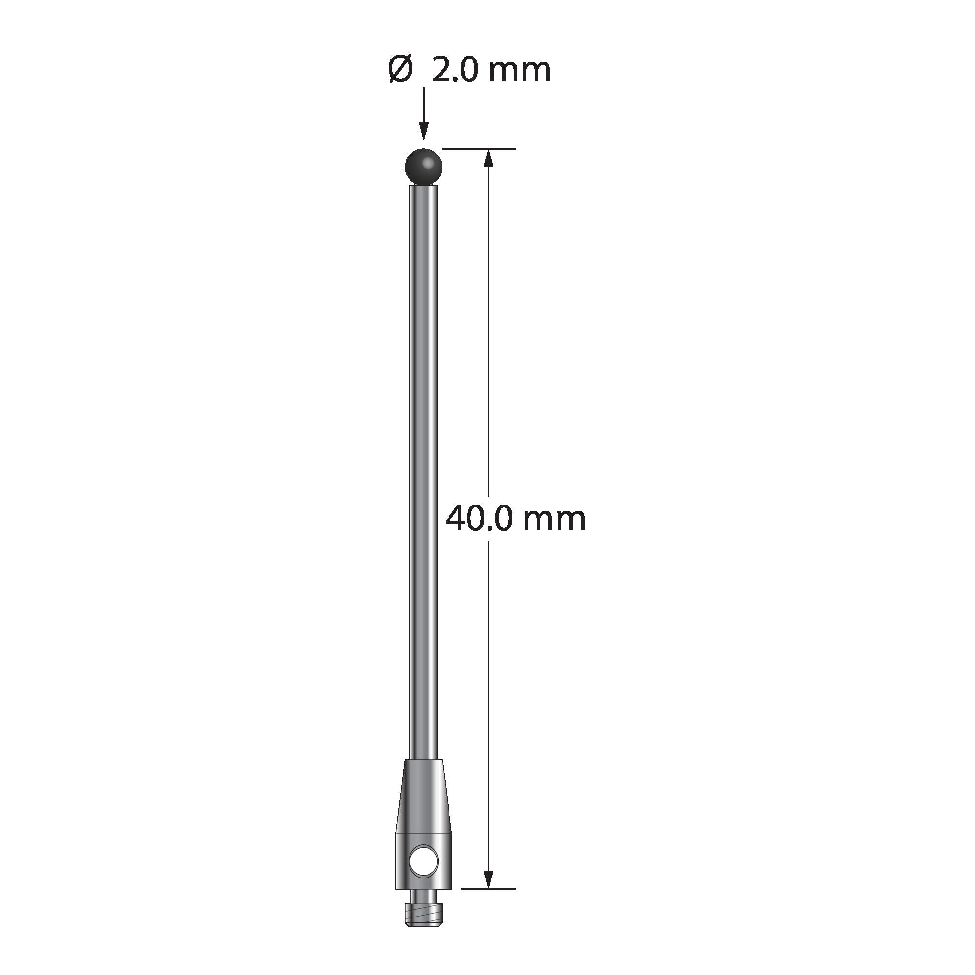 TM2-2040-SN M2 stylus with 2.0mm silicon nitride ball, carbide stem, and stainless steel base, 40.0mm long by Q-Mark Manufacturing, Inc.