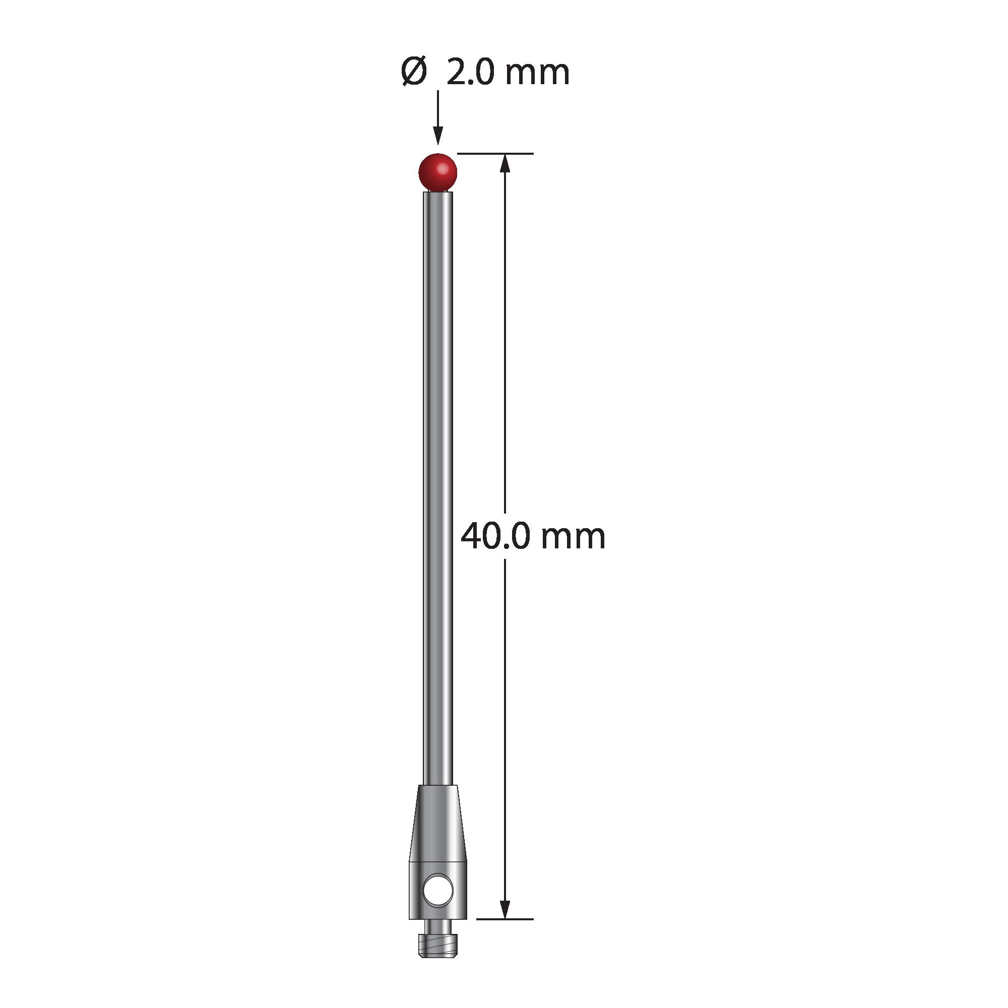 TM2-2040 M2 stylus with 2.0mm ruby ball, carbide stem, and stainless steel base, 40.0mm long by Q-Mark Manufacturing, Inc.