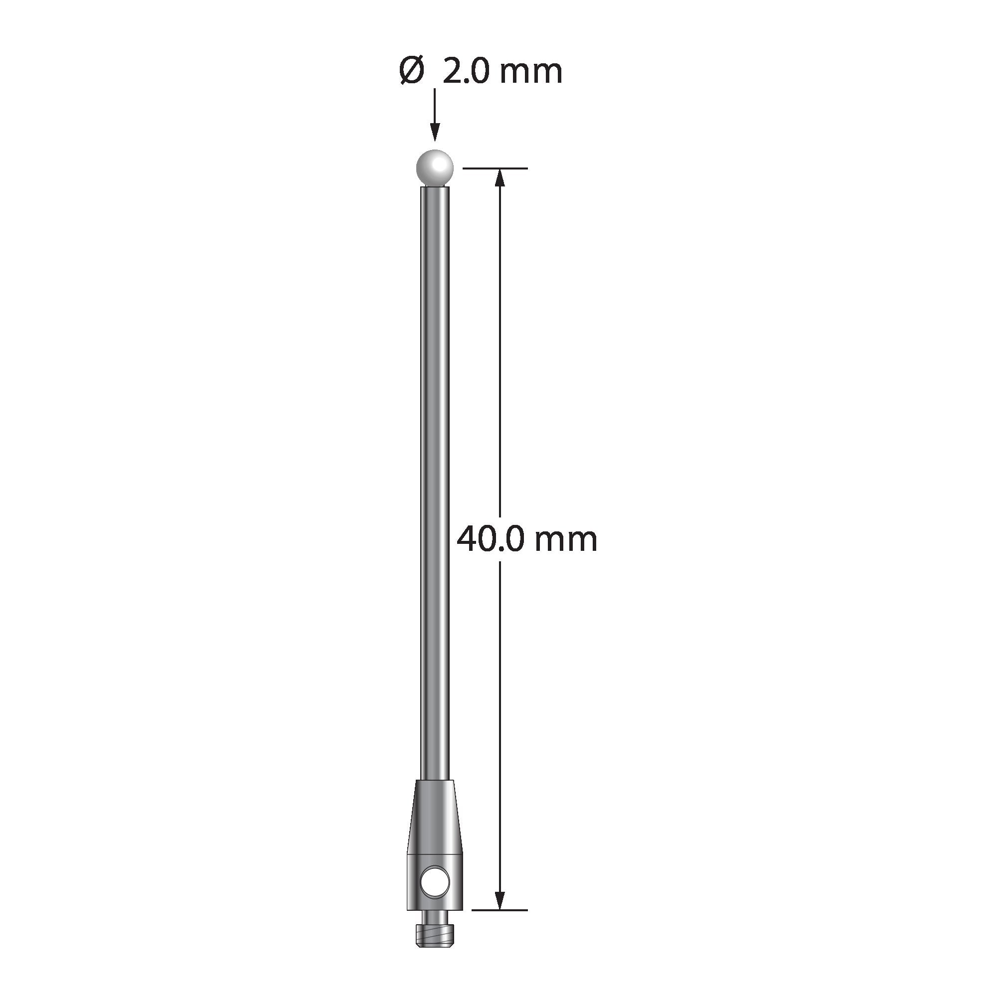 TM2-2041-Z M2 stylus with 2.0mm zirconia ball, carbide stem, and stainless steel base, 40.0mm long by Q-Mark Manufacturing, Inc.