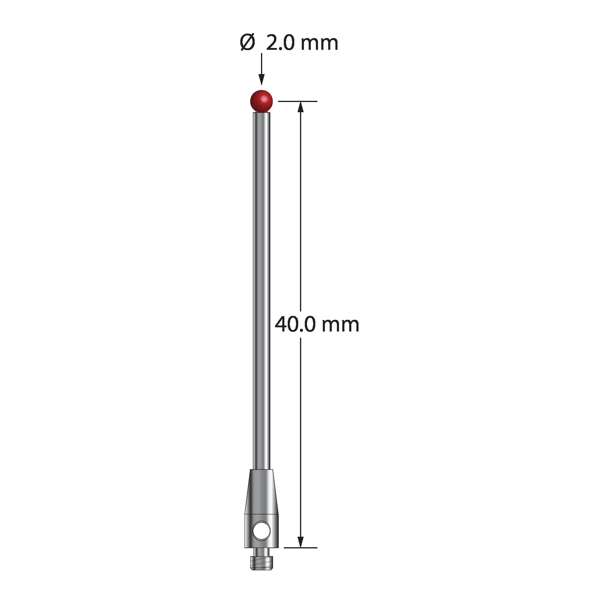 TM2-2041 M2 stylus, 2.0mm ruby ball, carbide stem, stainless steel base, 40mm long by Q-Mark Manufacturing, Inc.