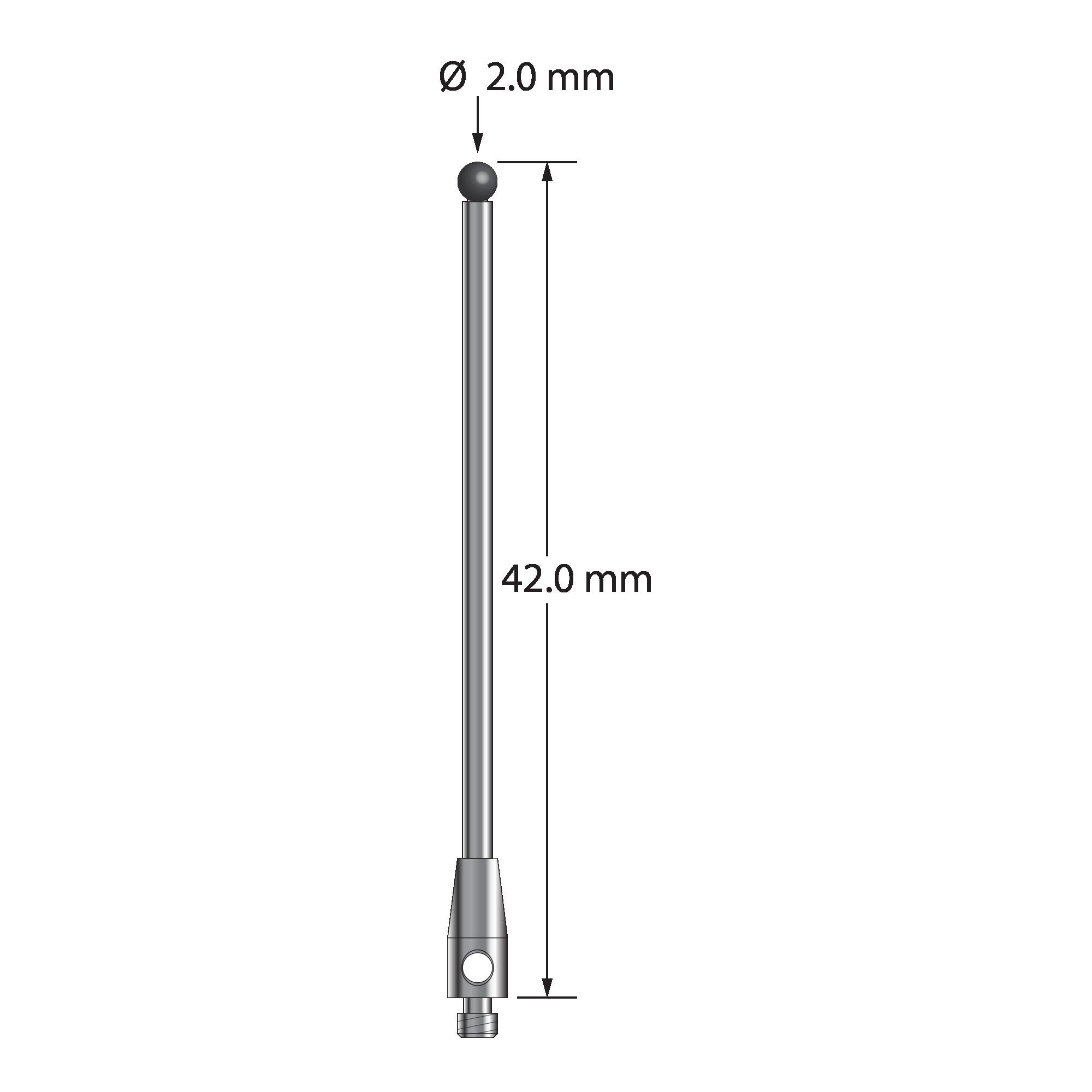 TM2-2042-SN M2 stylus with 2.0mm silicon nitride ball, carbide stem, stainless steel base, 42.0mm long.