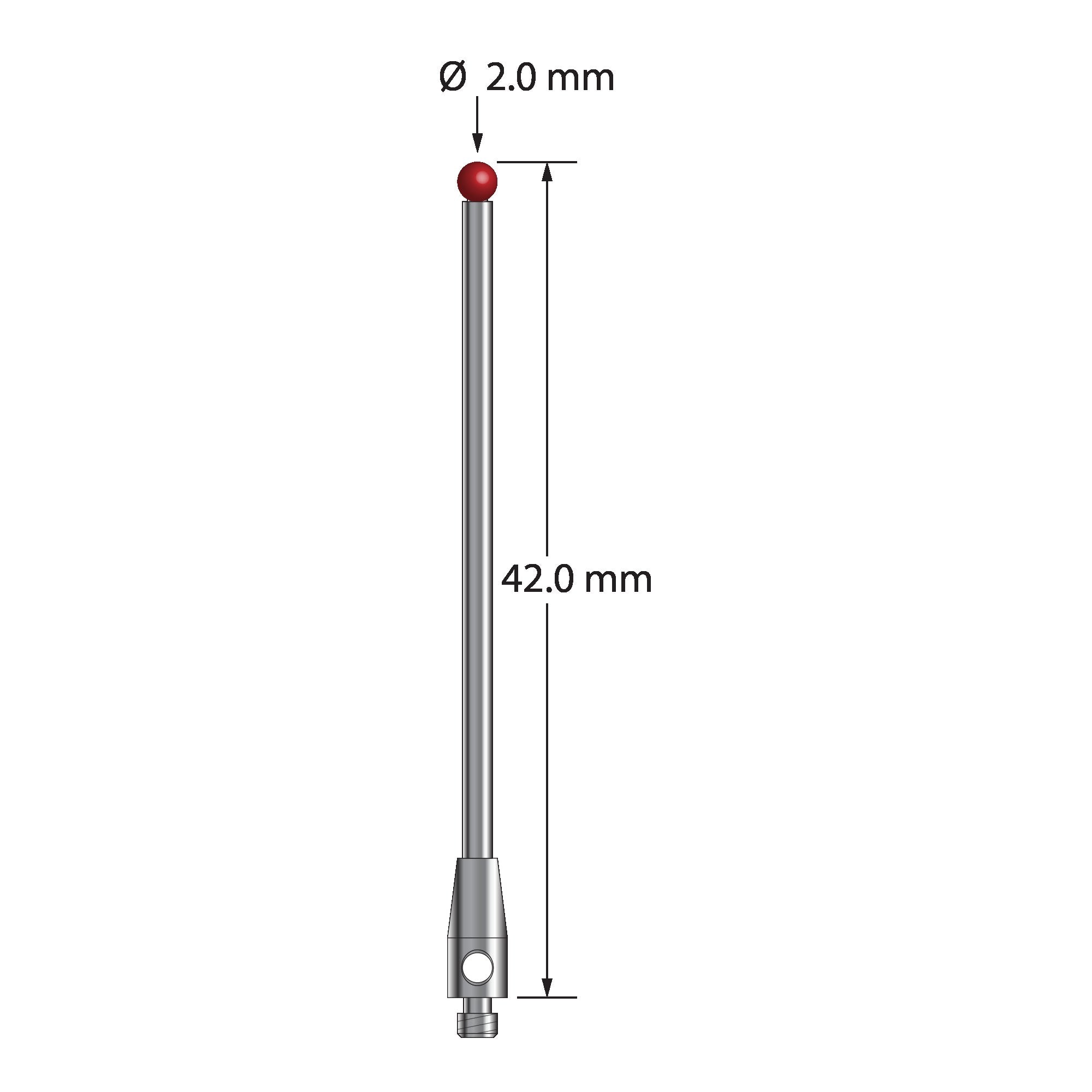 TM2-2042 M2 stylus with 2.0mm ruby ball, carbide stem, and stainless steel base, 42.0mm long by Q-Mark Manufacturing, Inc.