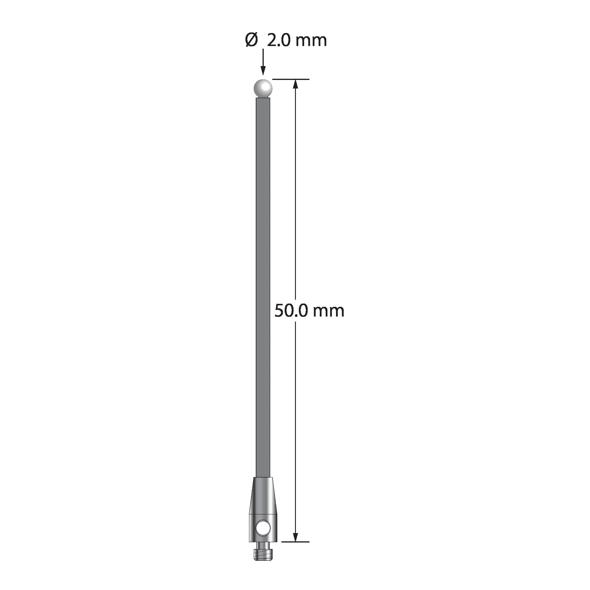 TM2-2050-G-Z M2 stylus with 2.0mm zirconia ball, carbon fiber stem, and stainless steel base, 50mm long.
