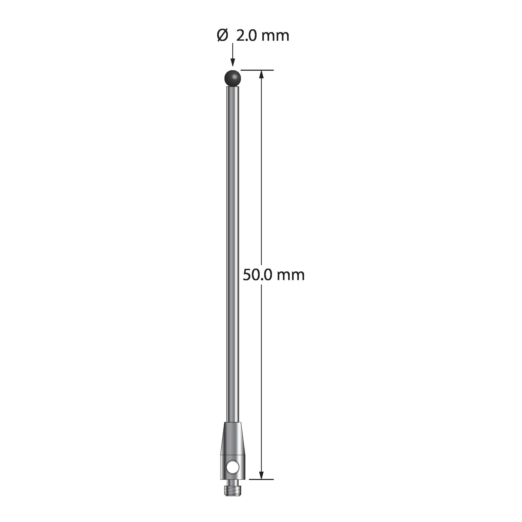 TM2-2050-SN M2 stylus with 2.0mm silicon nitride ball, carbide stem, and stainless steel base, 50mm long by Q-Mark Manufacturing, Inc.