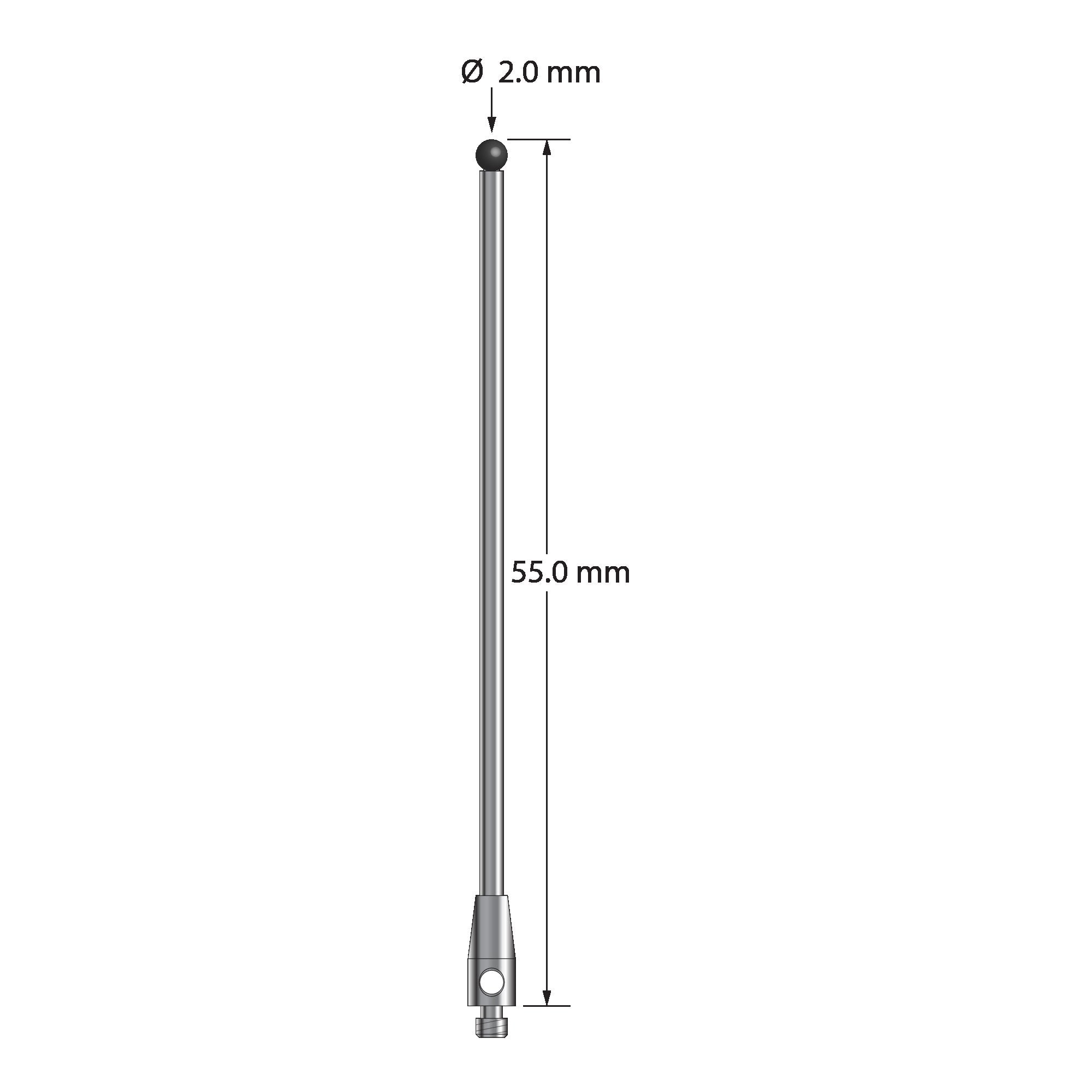 TM2-2055-SN M2 stylus with 2.0mm silicon nitride ball, carbide stem, stainless steel base, 55.0mm long by Q-Mark Manufacturing, Inc.