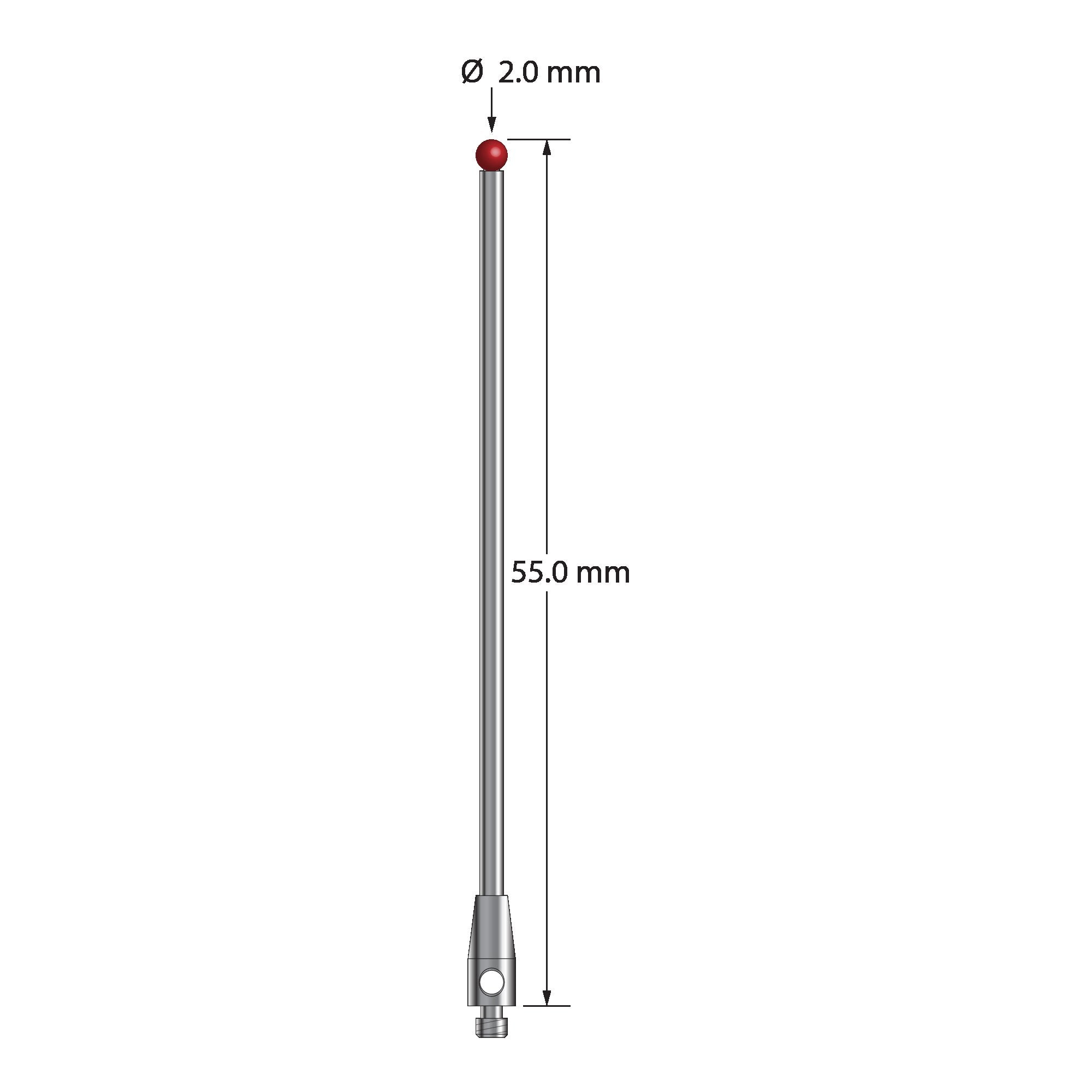 TM2-2055 M2 stylus with 2.0mm ruby ball, carbide stem, and stainless steel base, 55mm long by Q-Mark Manufacturing, Inc.