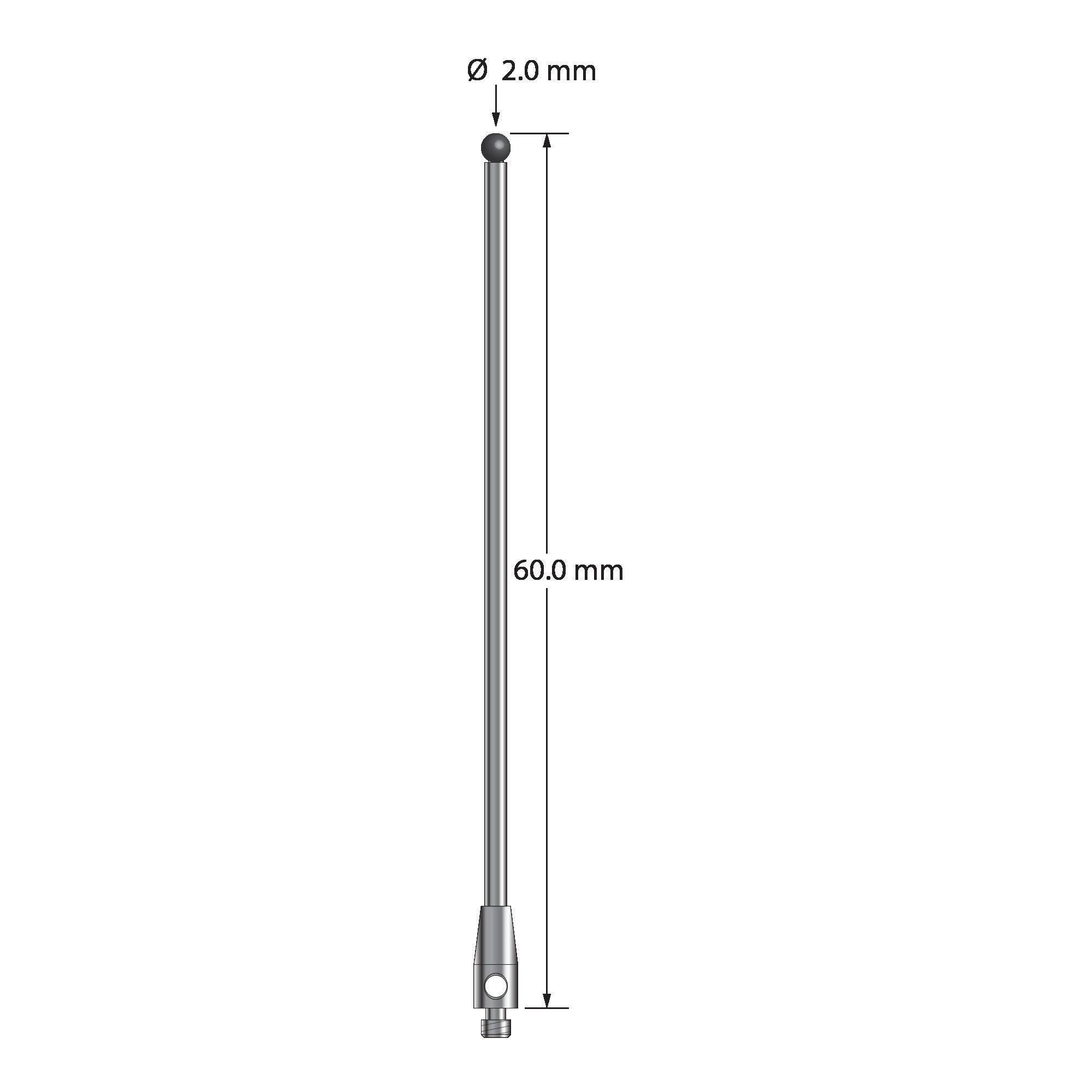 TM2-2060-SN M2 stylus with 2.0mm silicon nitride ball, carbide stem, and stainless steel base, 60.0mm long by Q-Mark Manufacturing, Inc.