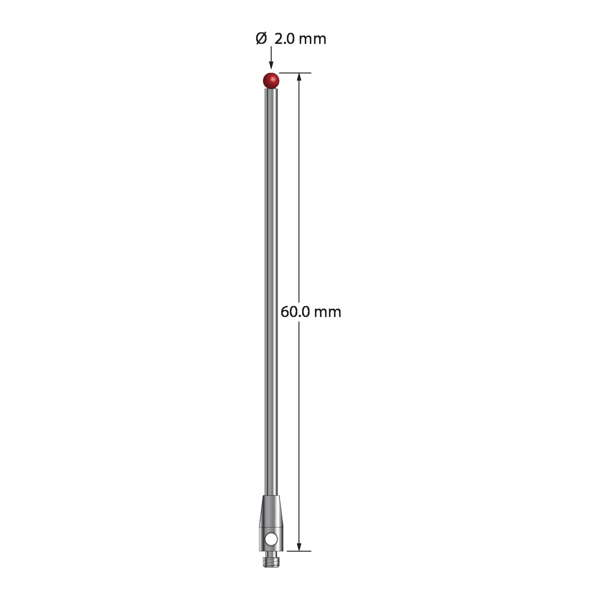 TM2-2060 M2 stylus with 2.0mm ruby ball, carbide stem, and stainless steel base, 60.0mm long by Q-Mark Manufacturing, Inc.