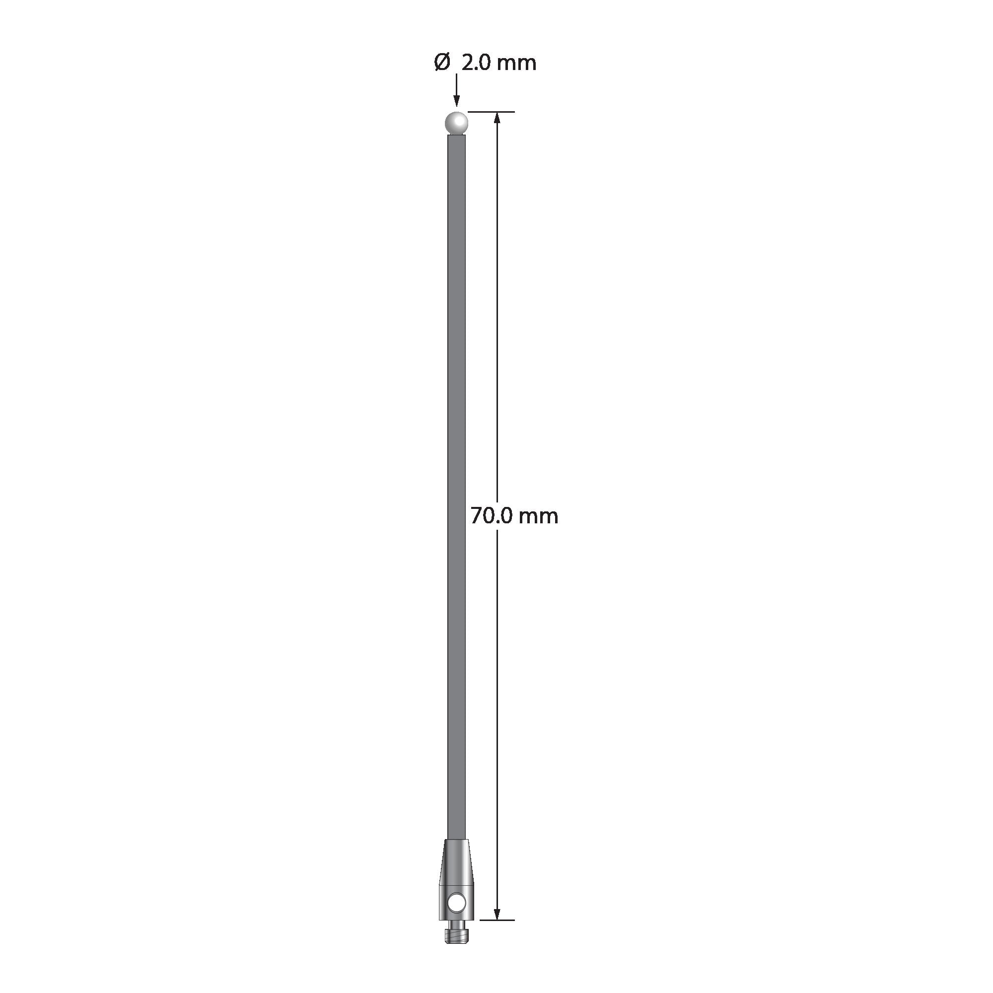 TM2-2070-G-Z M2 stylus, 2.0mm zirconia ball, carbon fiber stem, stainless steel base, 70.0mm long by Q-Mark Manufacturing, Inc.