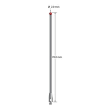 TM2-2070-G M2 stylus with 2.0mm ruby ball, carbon fiber stem, and stainless steel base, 70mm long.