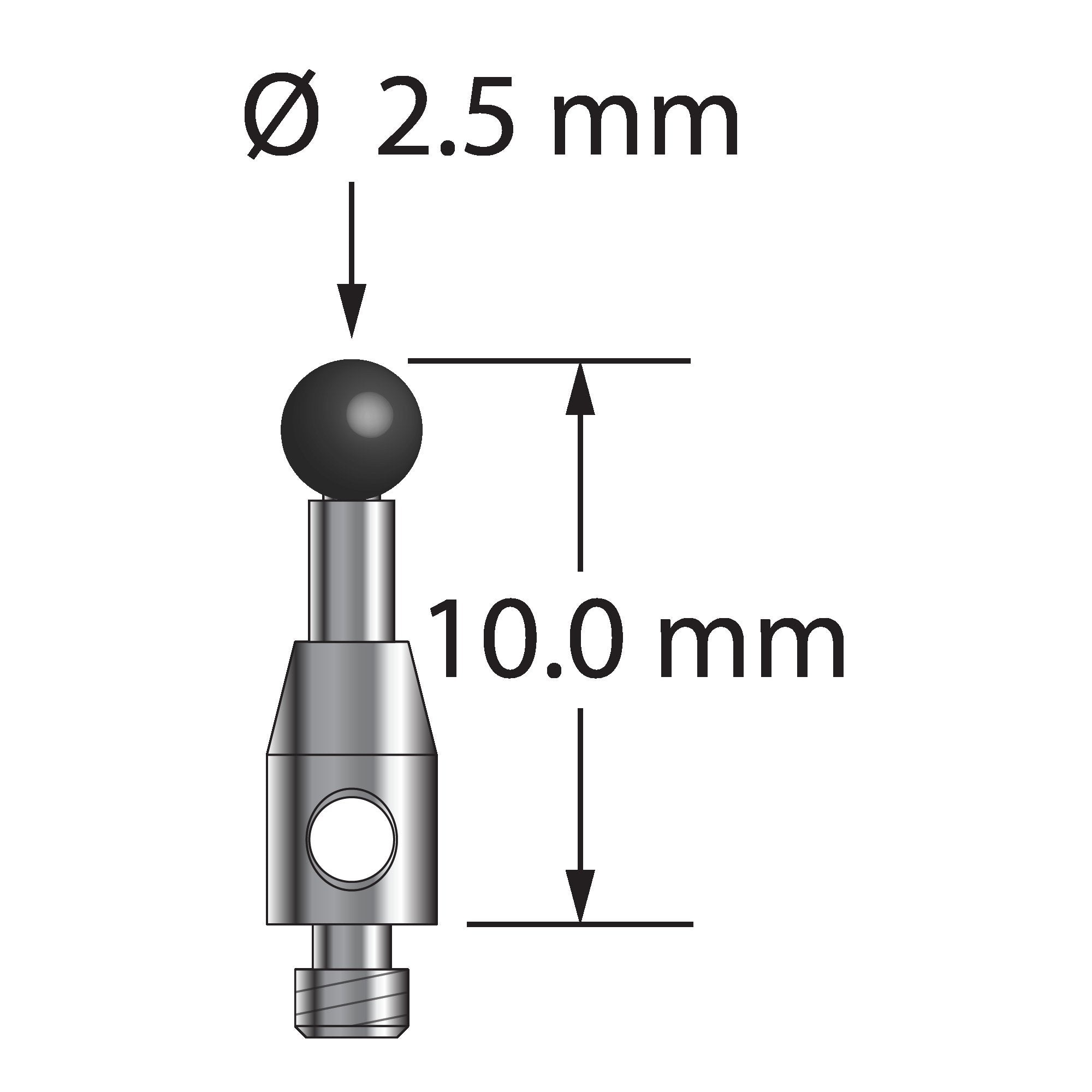 TM2-2510-SN M2 stylus with 2.5mm silicon nitride ball, carbide stem, and stainless steel base, 10mm long.