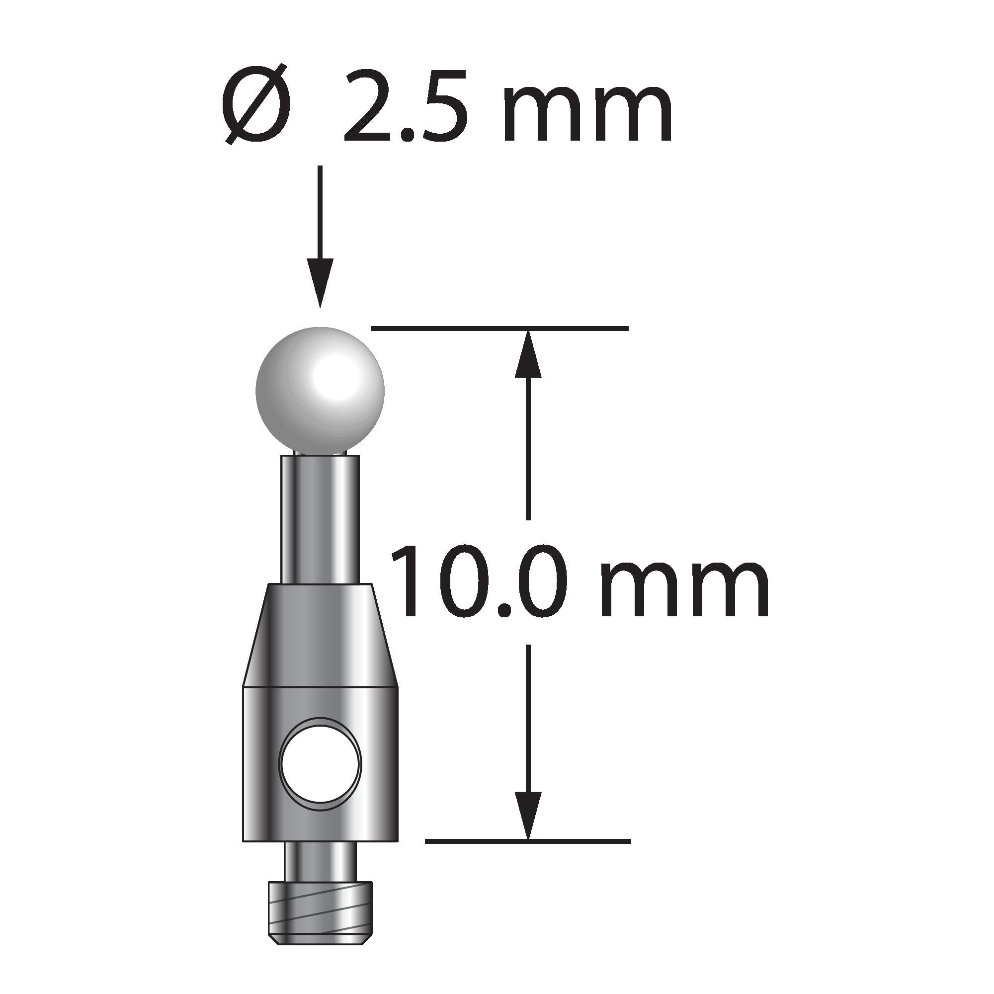 TM2-2510-Z M2 stylus with 2.5mm zirconia ball, carbide stem, and stainless steel base, 10mm long.