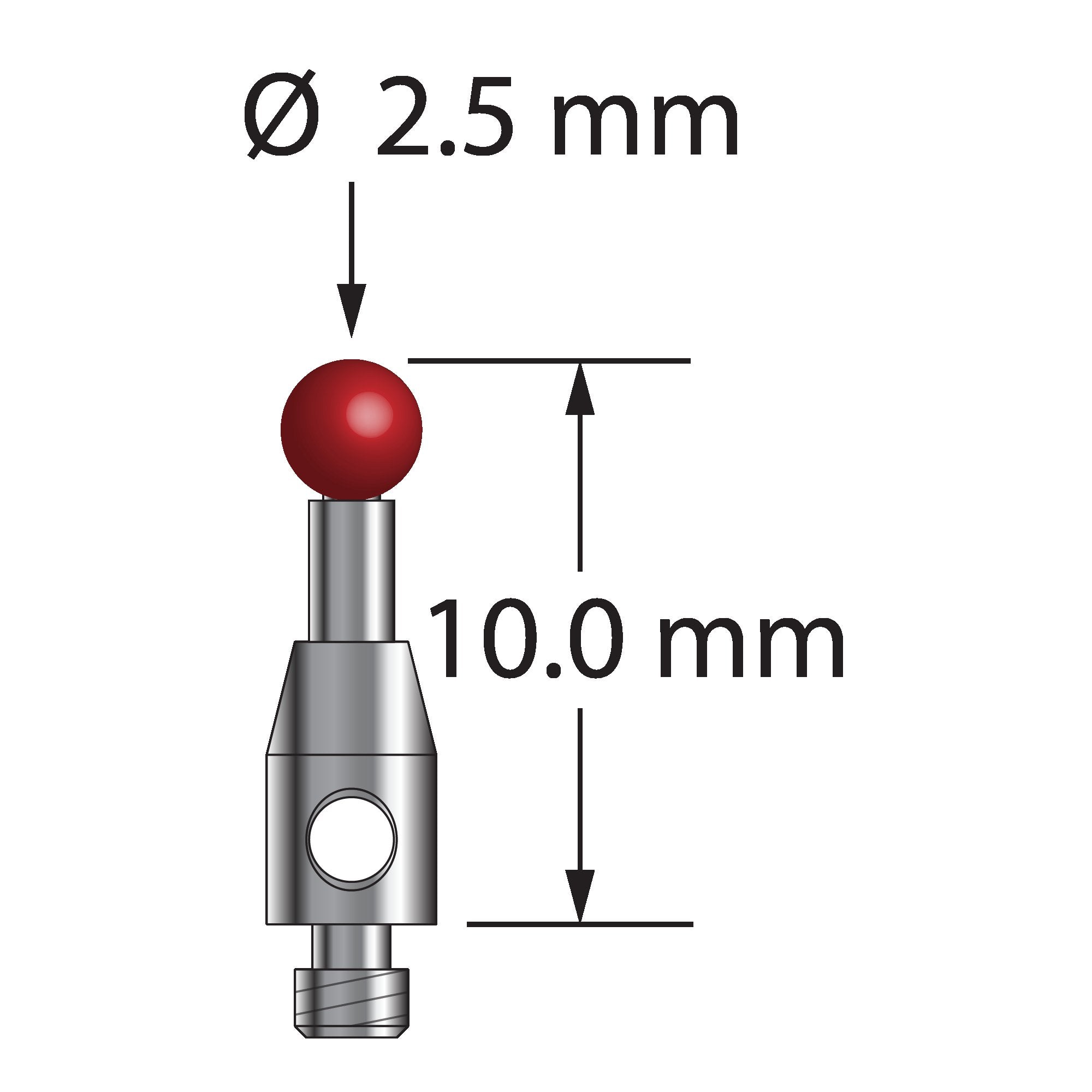 TM2-2510 M2 stylus, 2.5mm ruby ball, carbide stem, stainless steel base, 10mm long by Q-Mark Manufacturing, Inc.
