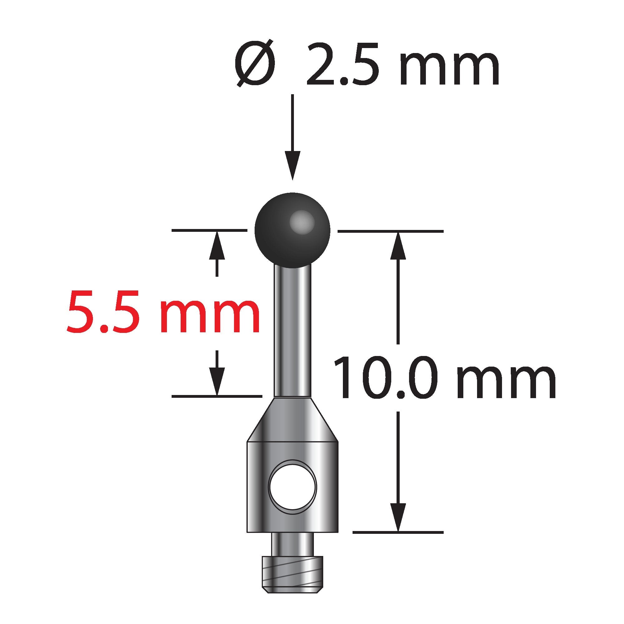 TM2-2511.25-S-SN M2 stylus with 2.5mm silicon nitride ball and stainless steel stem, 10mm length.