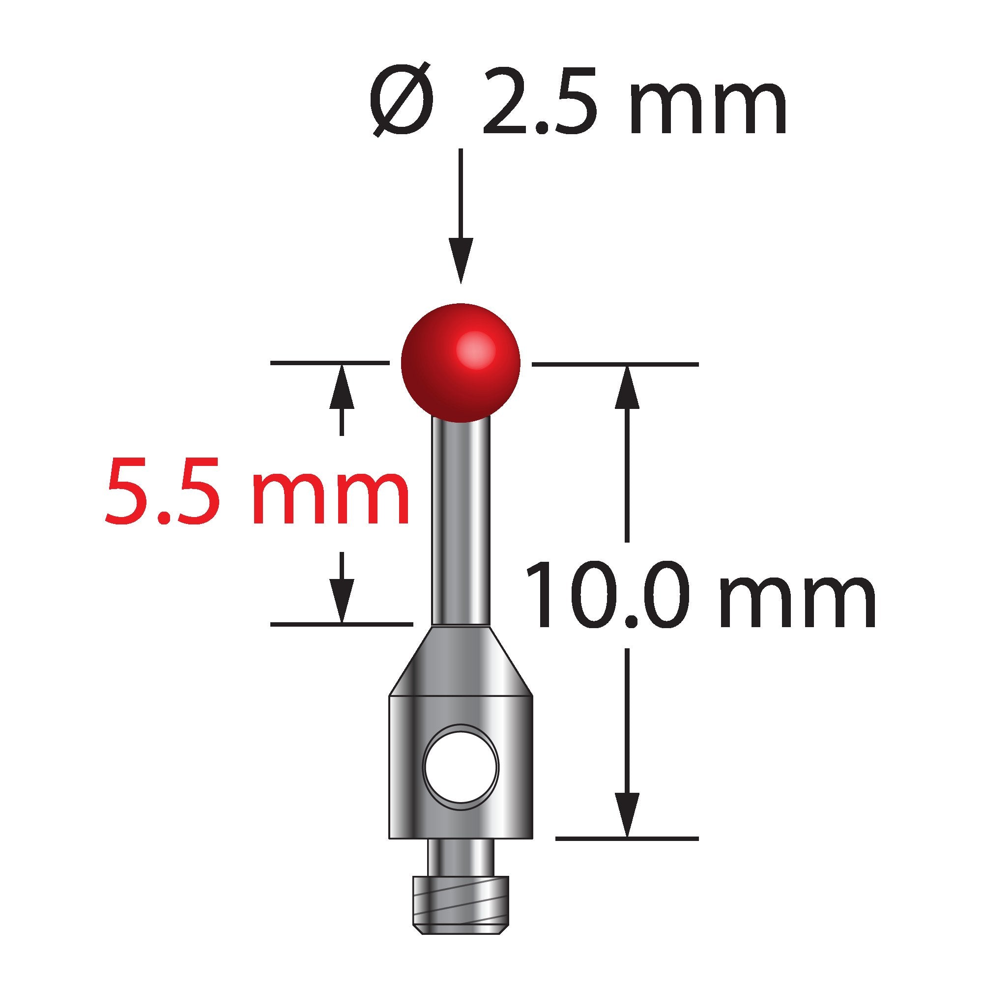 TM2-2511.25-S M2 stylus with 2.5mm ruby ball, stainless steel stem, and base by Q-Mark Manufacturing, Inc.