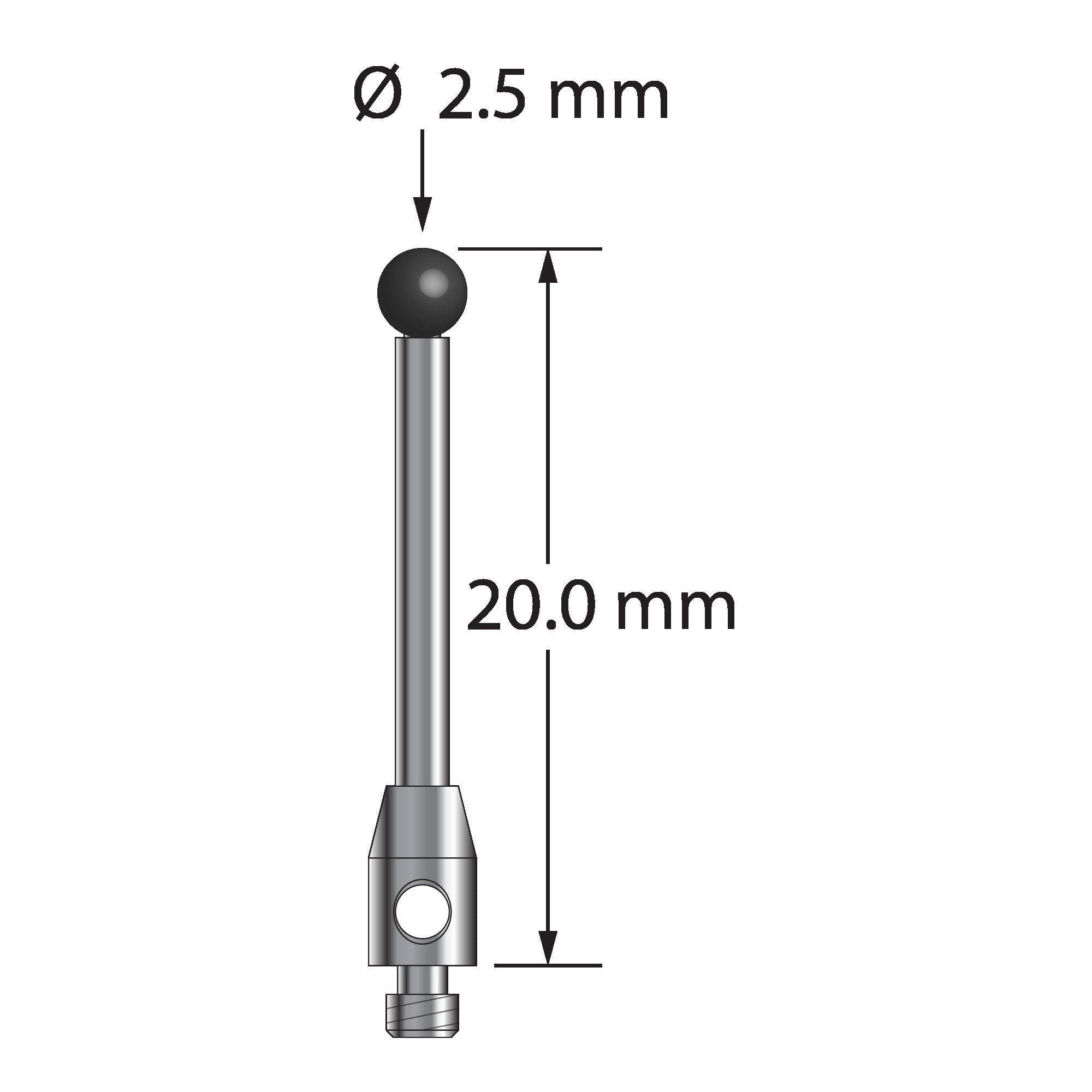 TM2-2520-SN M2 stylus with 2.5mm silicon nitride ball and stainless steel base, 20mm long.