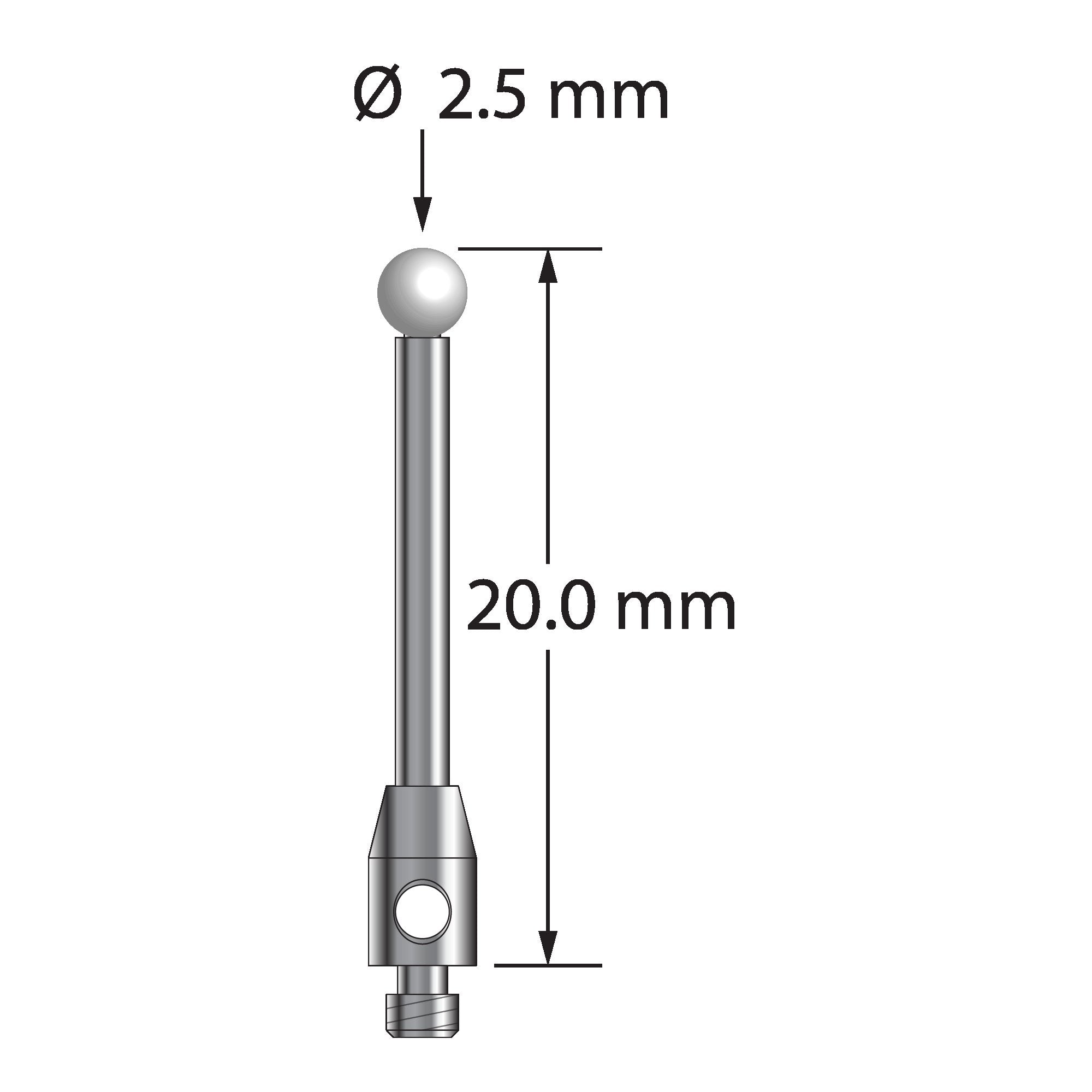TM2-2520-Z M2 stylus with 2.5mm zirconia ball, carbide stem, and stainless steel base, 20mm long by Q-Mark Manufacturing, Inc.