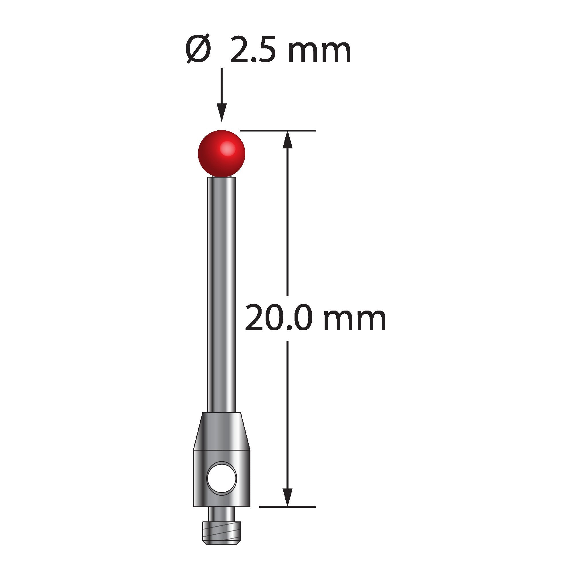 TM2-2520 M2 stylus with 2.5mm ruby ball, carbide stem, and stainless steel base, 20mm long by Q-Mark Manufacturing, Inc.