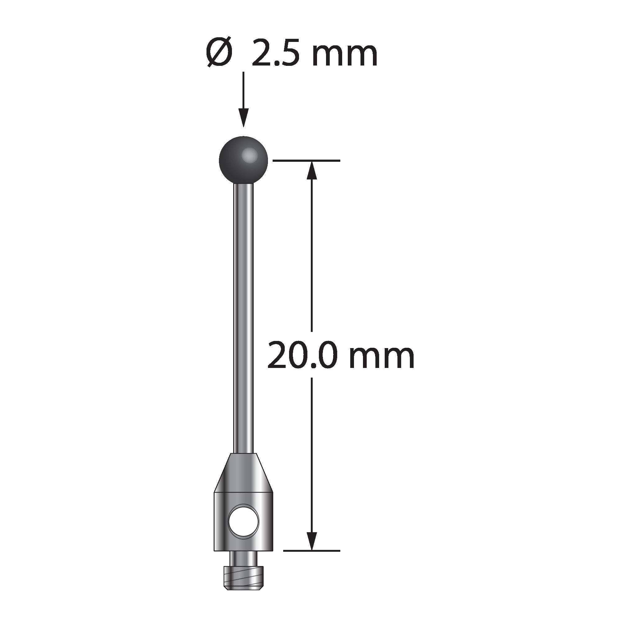TM2-2521.25-DS1-SN M2 stylus with 2.5mm silicon nitride ball, carbide stem, and stainless steel base.