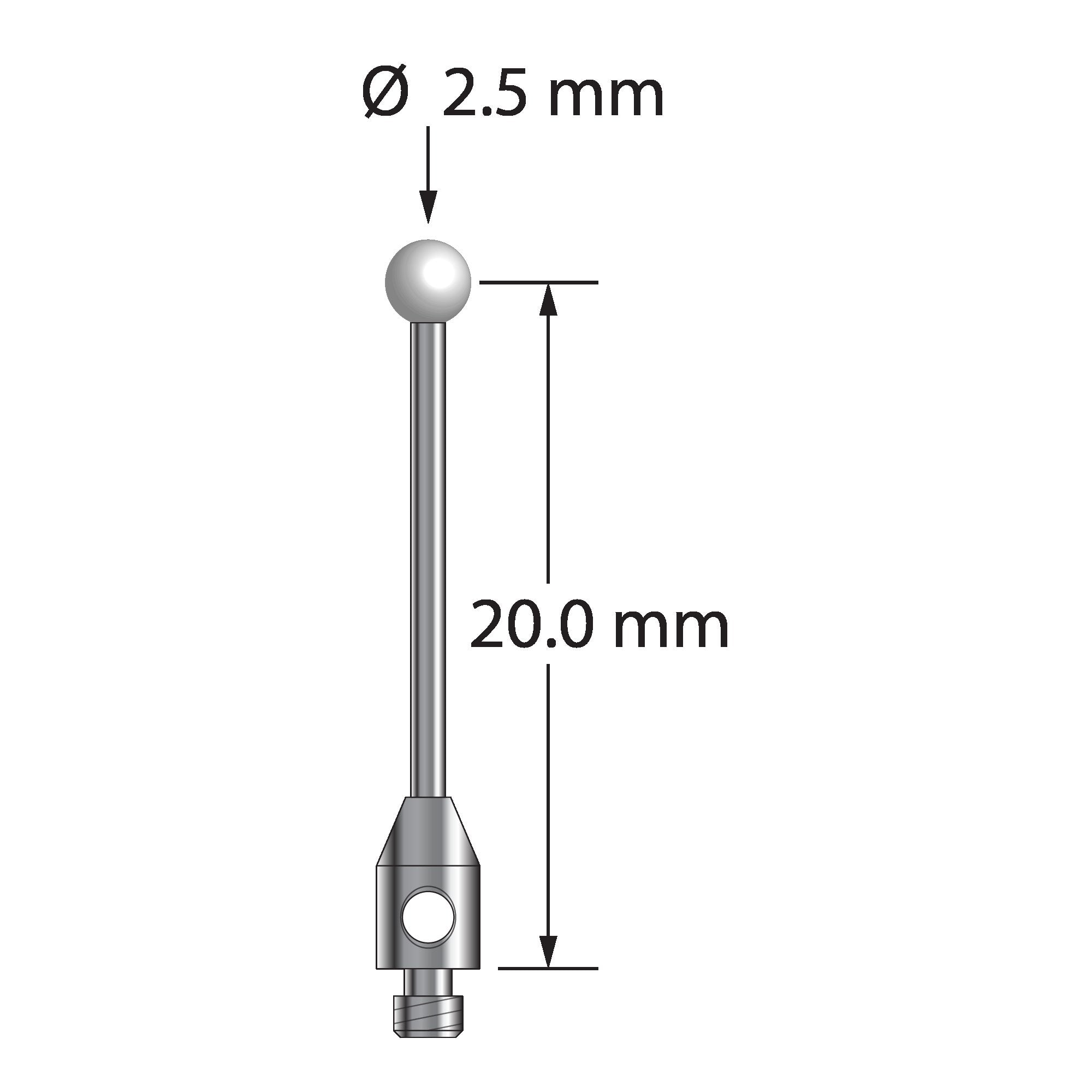TM2-2521.25-DS1-Z M2 stylus with 2.5mm zirconia ball, carbide stem, and stainless steel base.