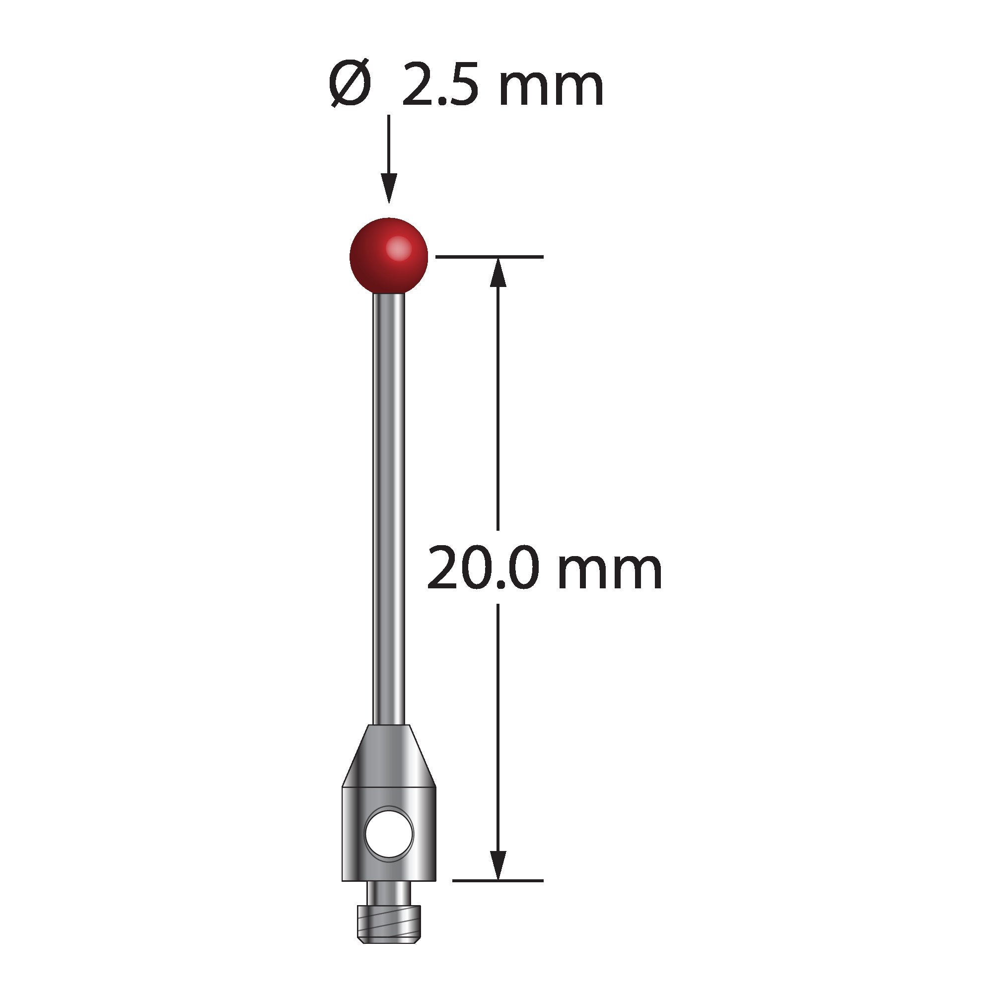 TM2-2521.25-DS1 M2 stylus with 2.5mm ruby ball, carbide stem, and stainless steel base, 20mm long.