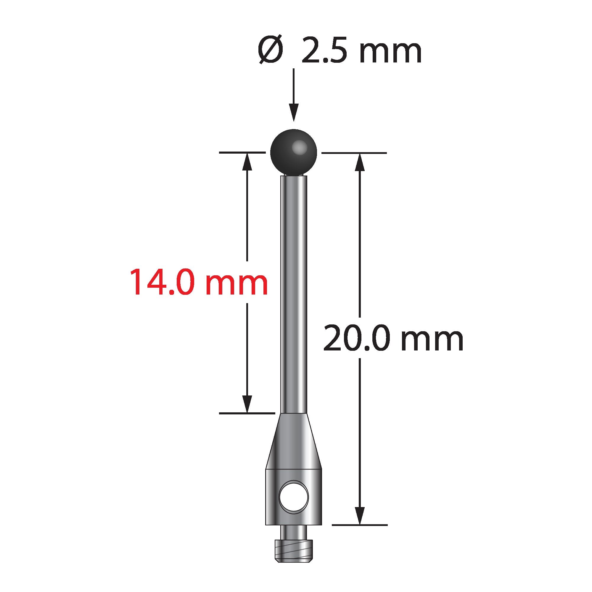 TM2-2521.25-S-SN stylus with 2.5mm silicon nitride ball and stainless steel stem, 20mm long.
