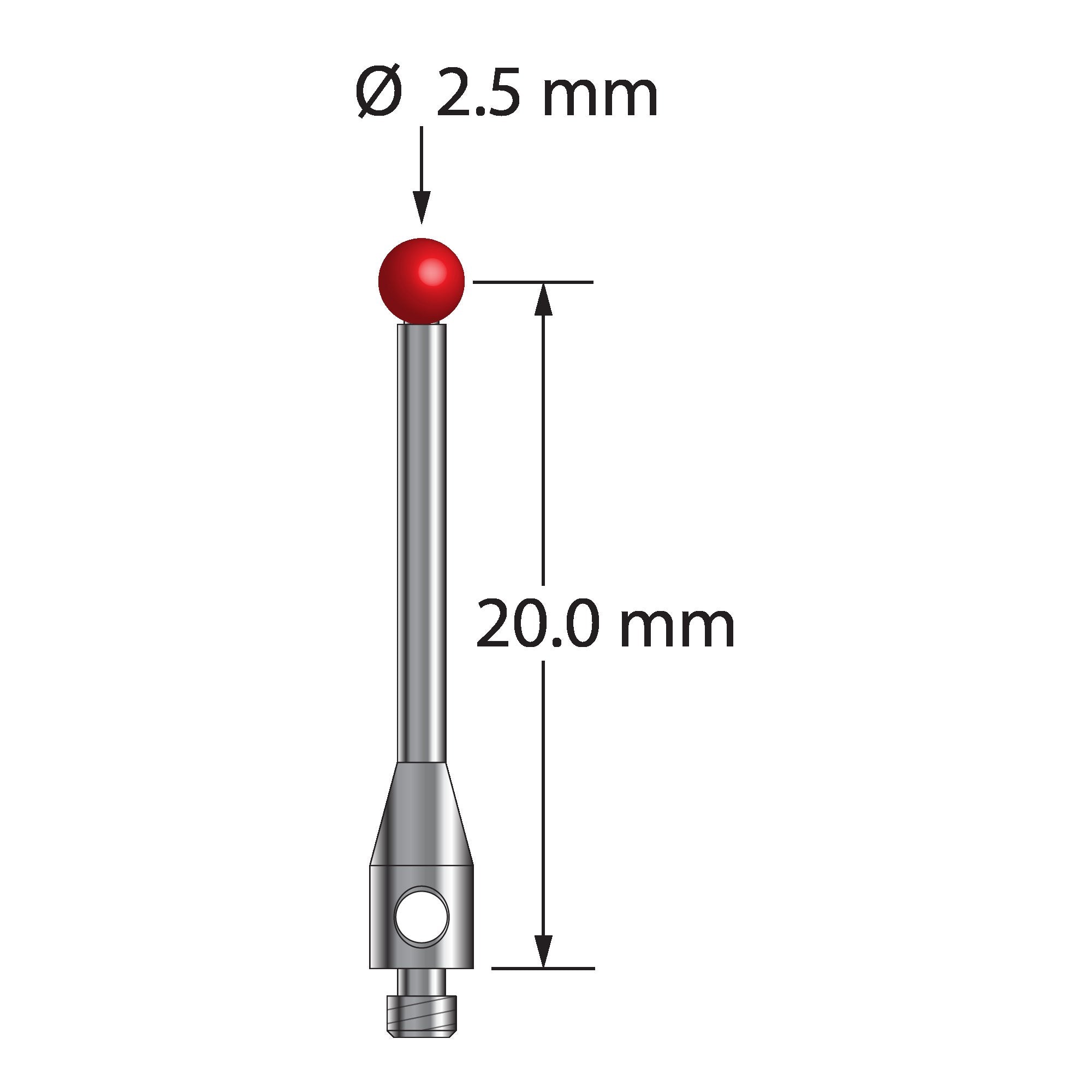 TM2-2521.25-S M2 stylus with 2.5mm ruby ball, stainless steel stem and base, 20mm length.