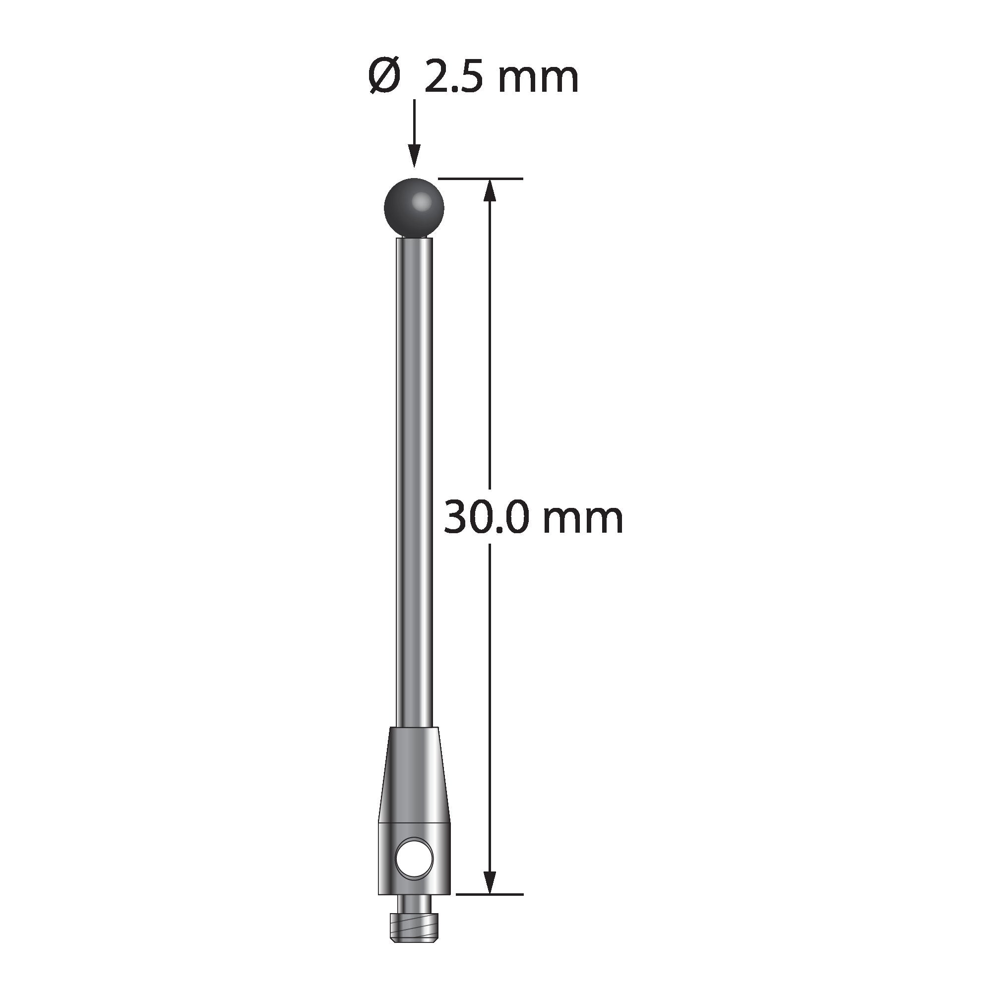 TM2-2530-SN M2 stylus with 2.5mm silicon nitride ball and carbide stem, 30mm long.