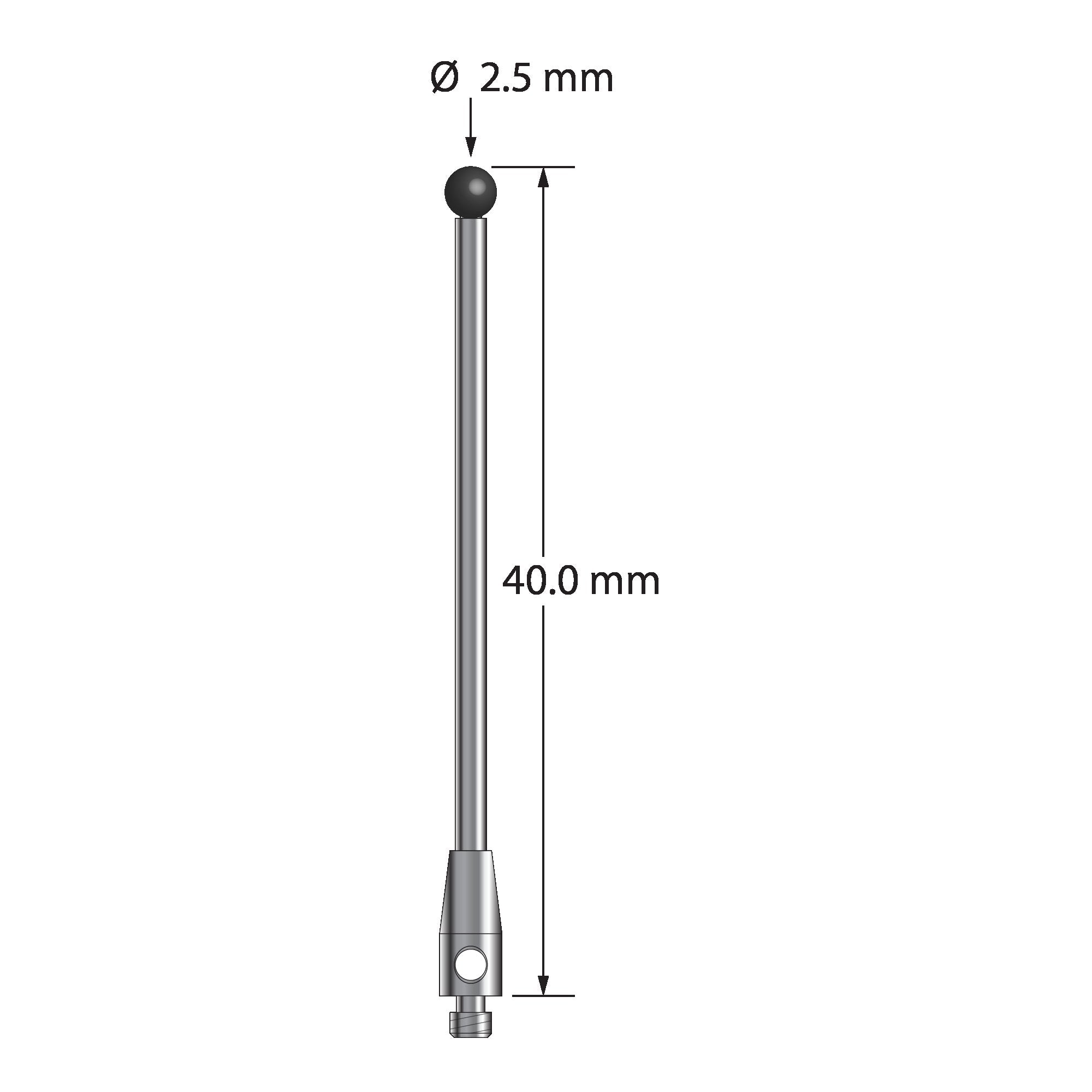 TM2-2540-SN M2 stylus with 2.5mm silicon nitride ball, carbide stem, and stainless steel base, 40mm long by Q-Mark Manufacturing, Inc.