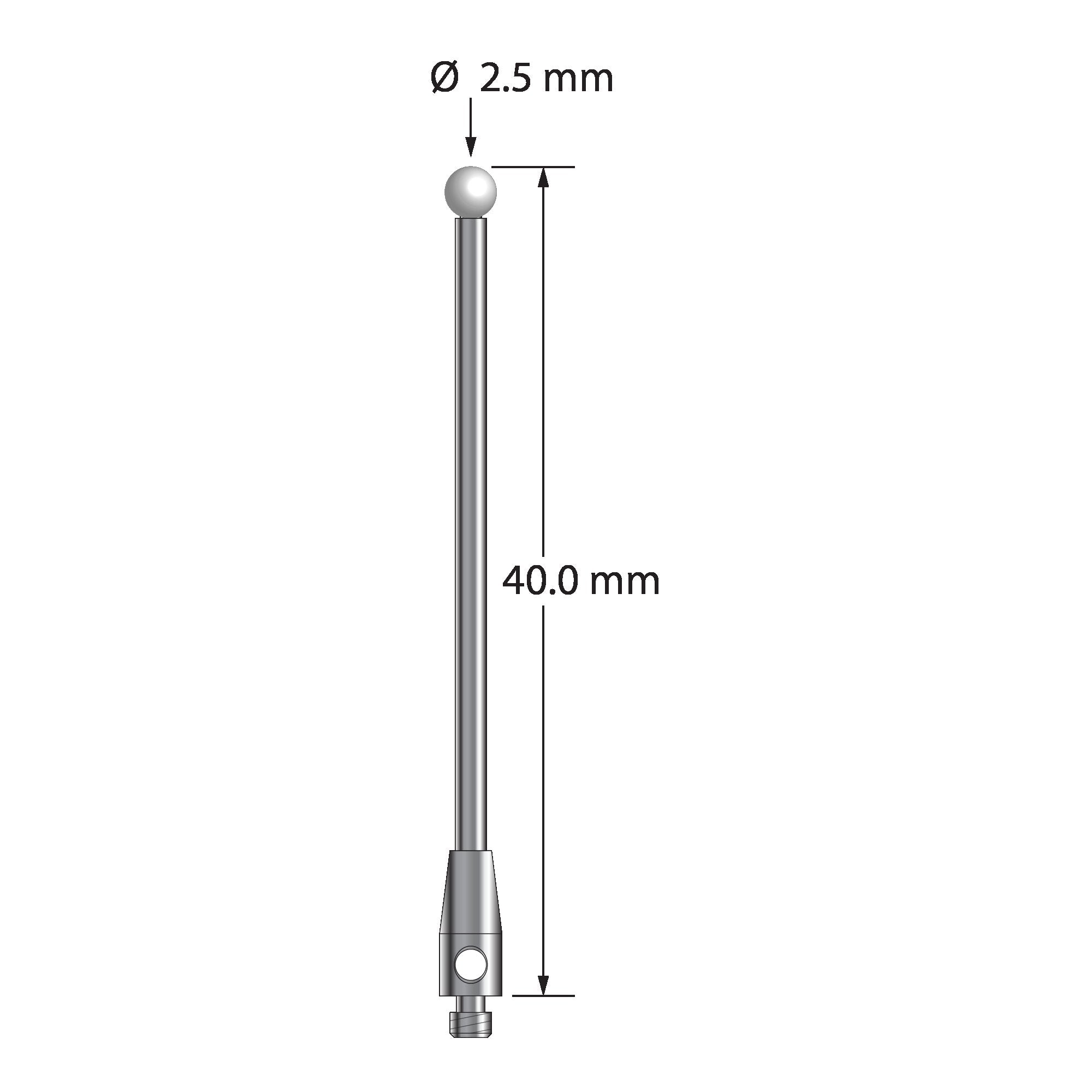 TM2-2540-Z M2 stylus with 2.5mm zirconia ball, carbide stem, and stainless steel base, 40mm long.