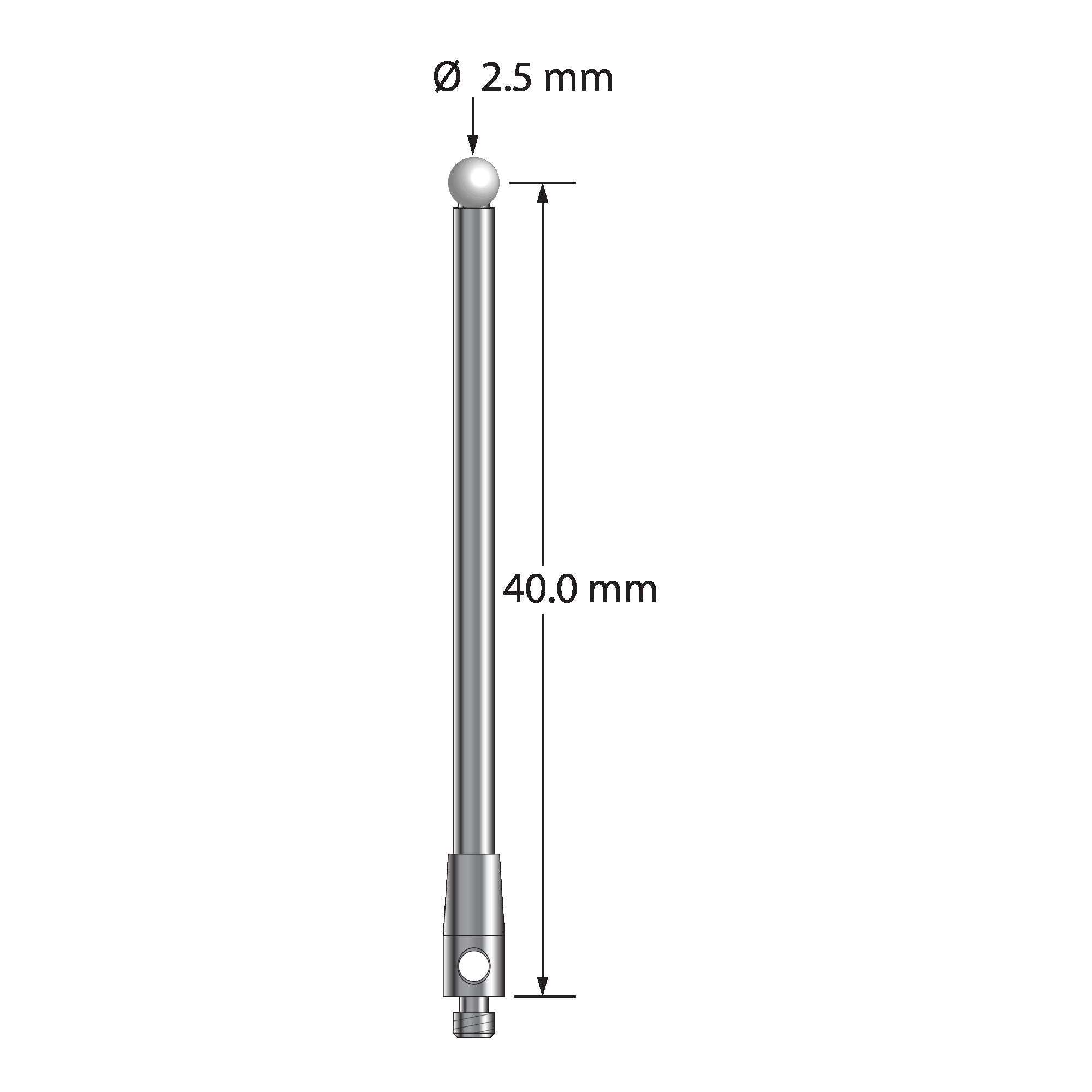 TM2-2541.25-DS2-Z M2 stylus with 2.5mm zirconia ball, carbide stem, and stainless steel base, 40mm long.