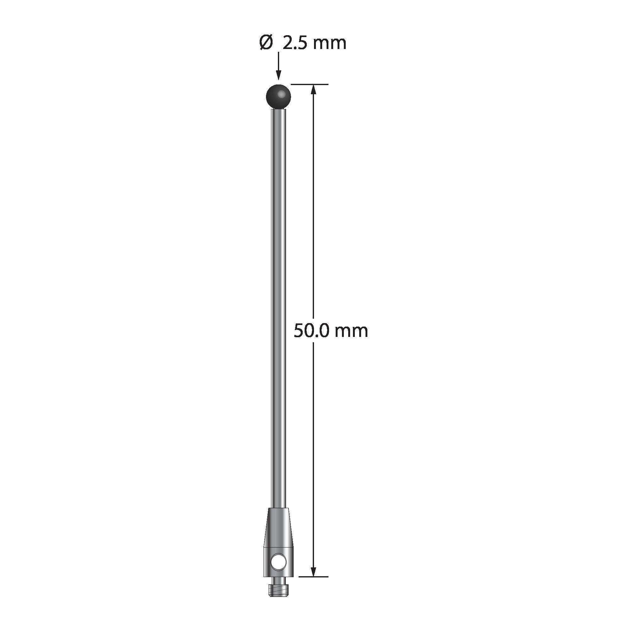 TM2-2550-SN M2 stylus with 2.5mm silicon nitride ball, carbide stem, and stainless steel base, 50mm long.