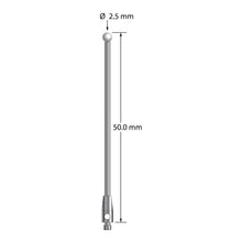 TM2-2550-Z M2 stylus with 2.5mm zirconia ball, carbide stem, and stainless steel base, 50mm long.
