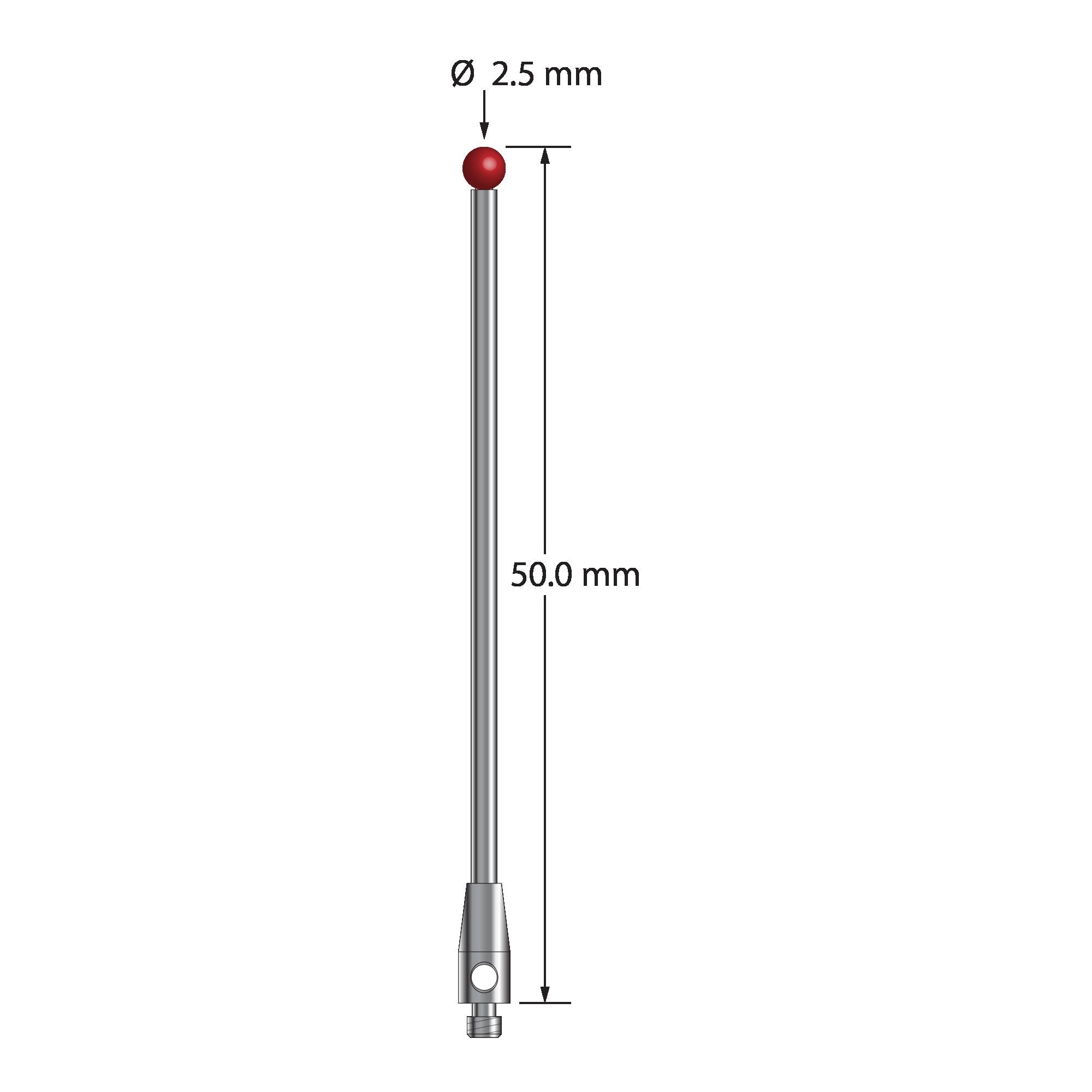 TM2-2550 M2 stylus with 2.5mm ruby ball, carbide stem, and stainless steel base, 50mm long.