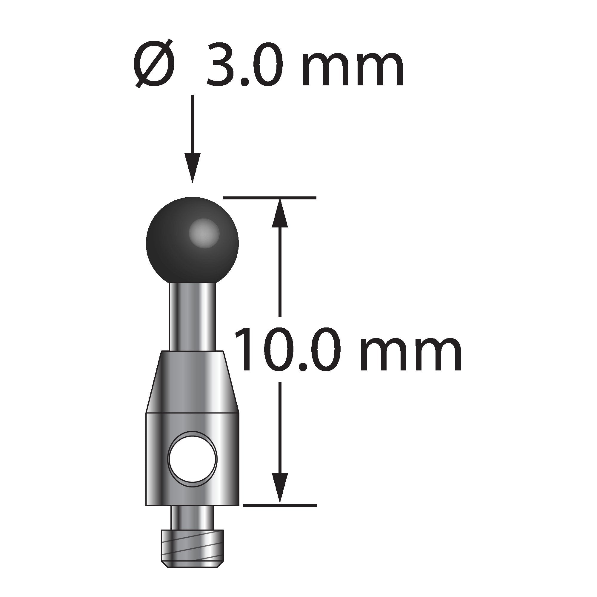 TM2-3010-SN M2 stylus with 3.0mm silicon nitride ball, carbide shaft, and stainless steel base, 10.0mm long by Q-Mark Manufacturing, Inc.
